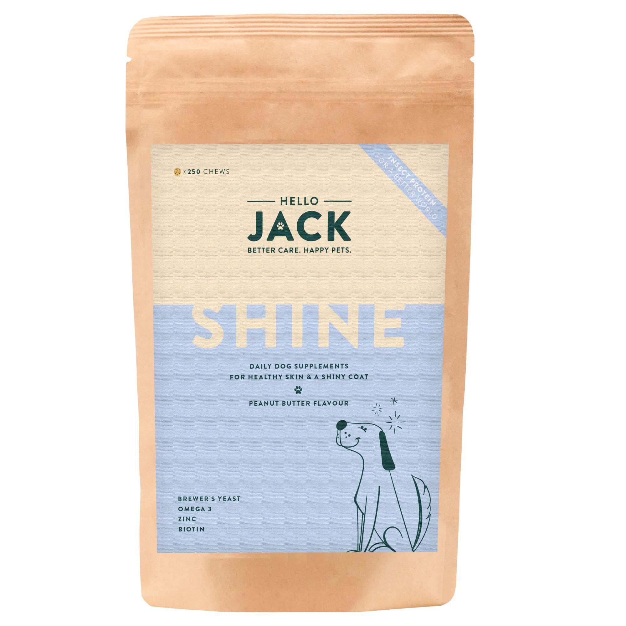 Sachet "Hello Jack Shine". Couleurs bleu et beige. Contient 250 friandises. Saveur beurre de cacahuète.