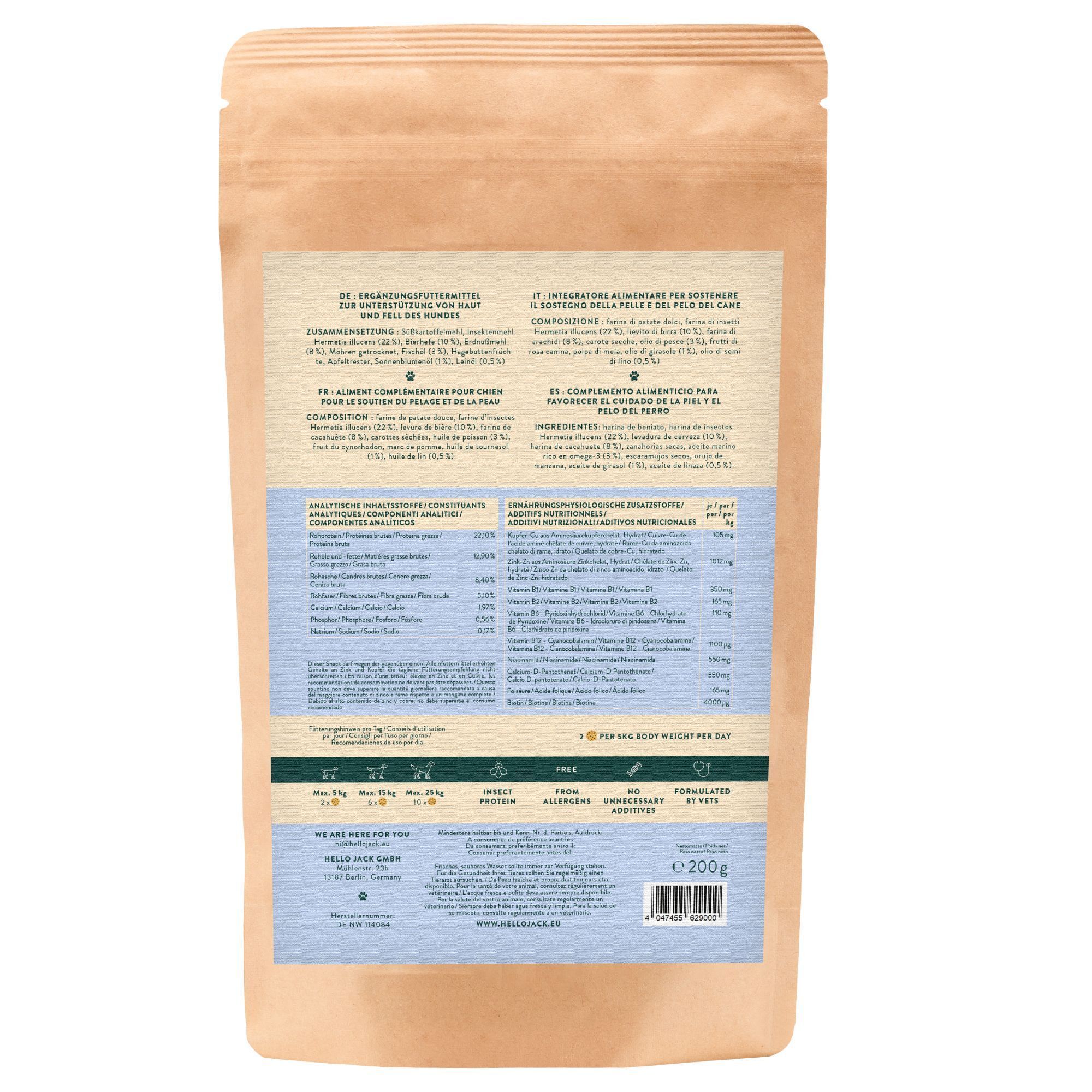 Dos du sachet "Hello Jack Shine". Texte en allemand, italien, français et espagnol. Informations nutritionnelles.