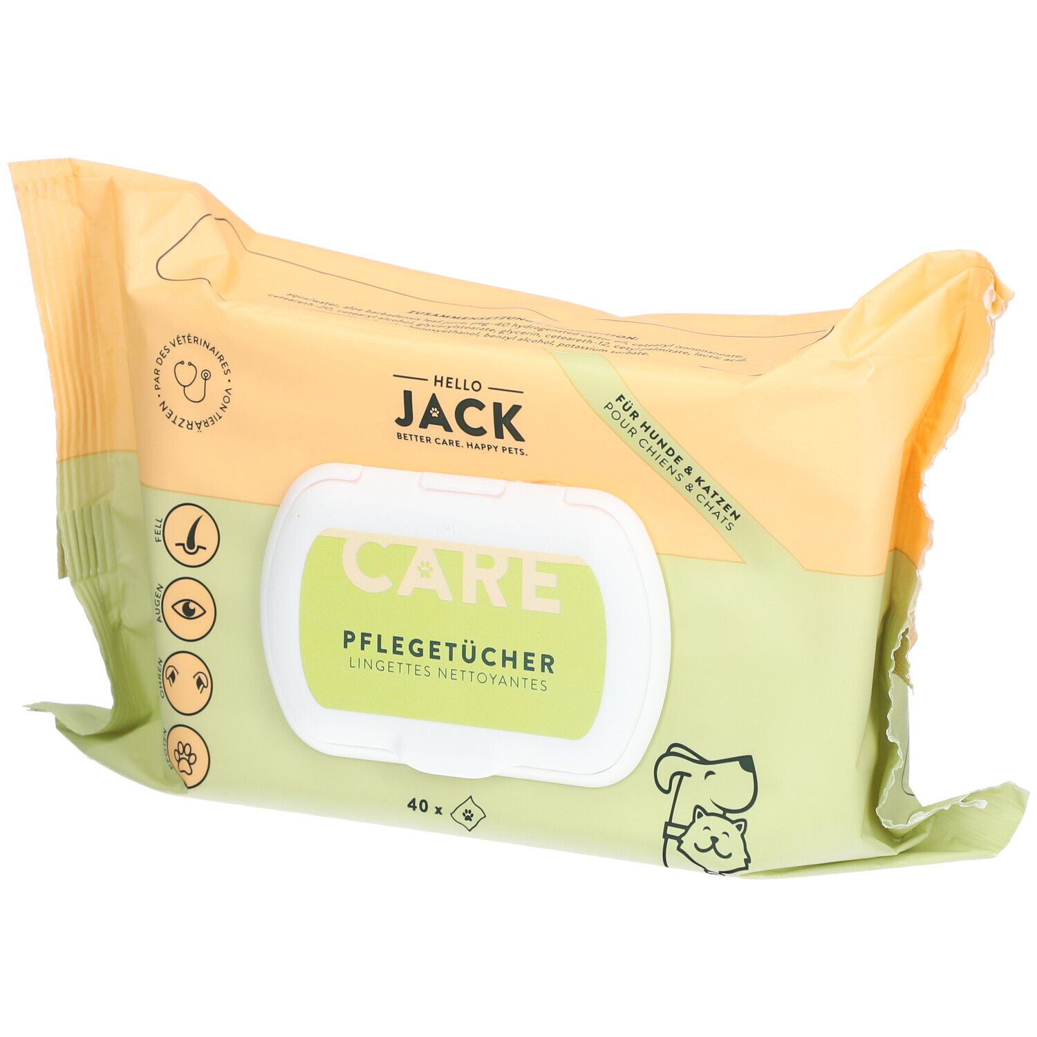 Paquet de lingettes pour chiens et chats. Emballage vert et jaune avec logos et inscriptions. Contient 40 lingettes.