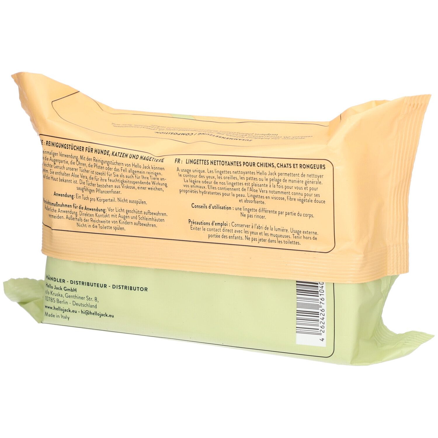 Dos du paquet avec texte. Emballage vert et jaune avec texte en allemand et français. Informations du fabricant.