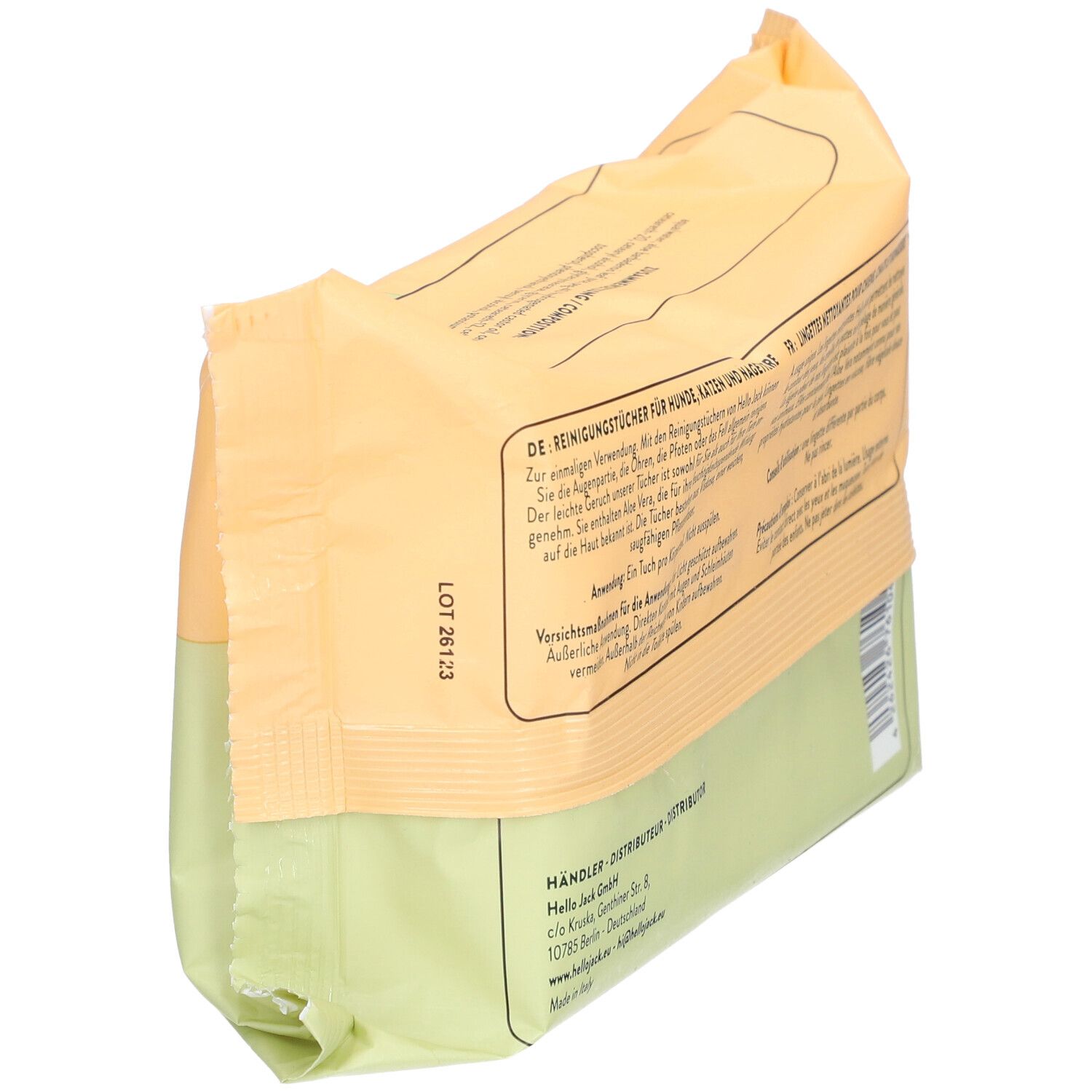 Dos du paquet avec texte. Emballage vert et jaune avec texte en allemand. Numéro de lot.