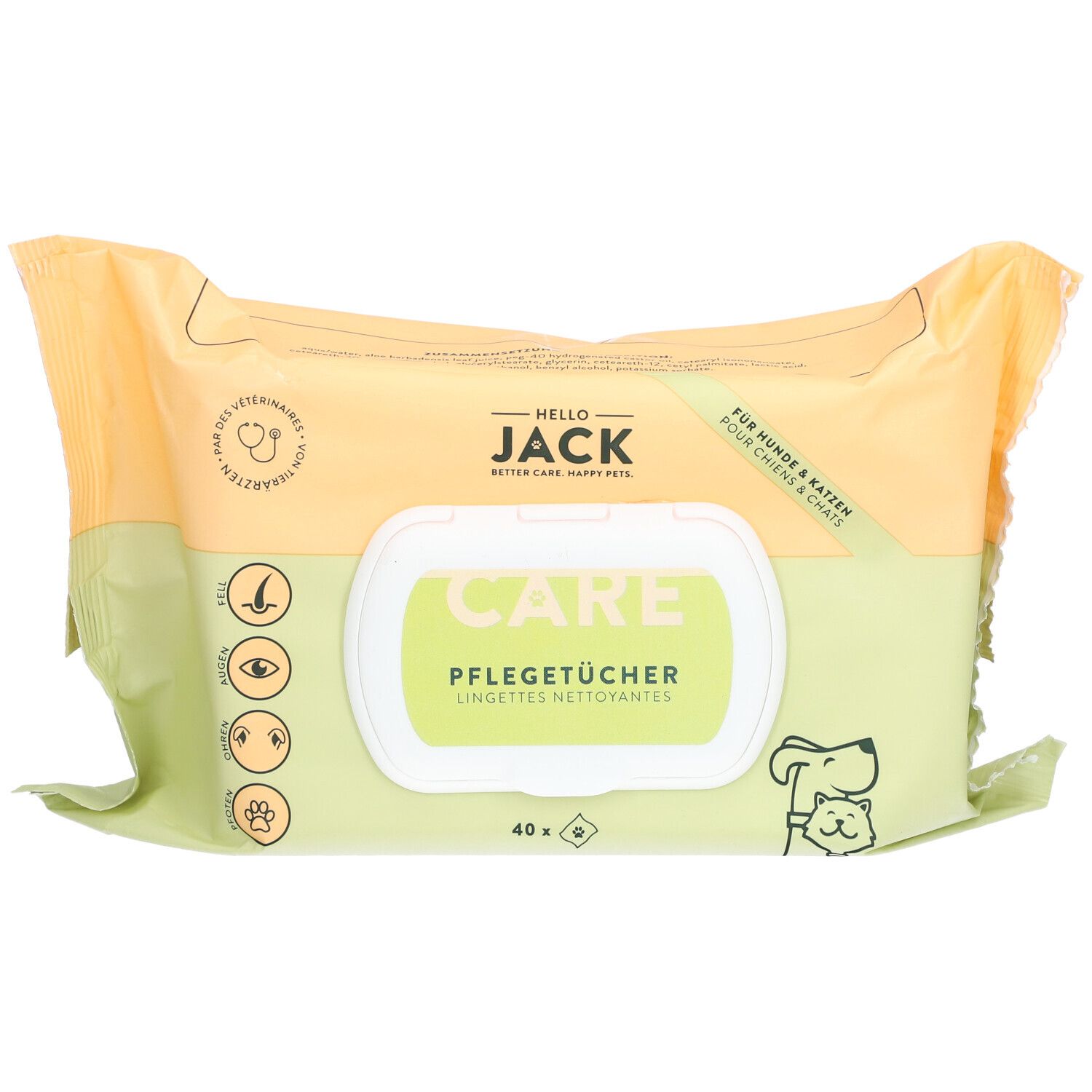 Paquet de lingettes pour chiens et chats. Emballage vert et jaune avec logos et inscriptions. Contient 40 lingettes.