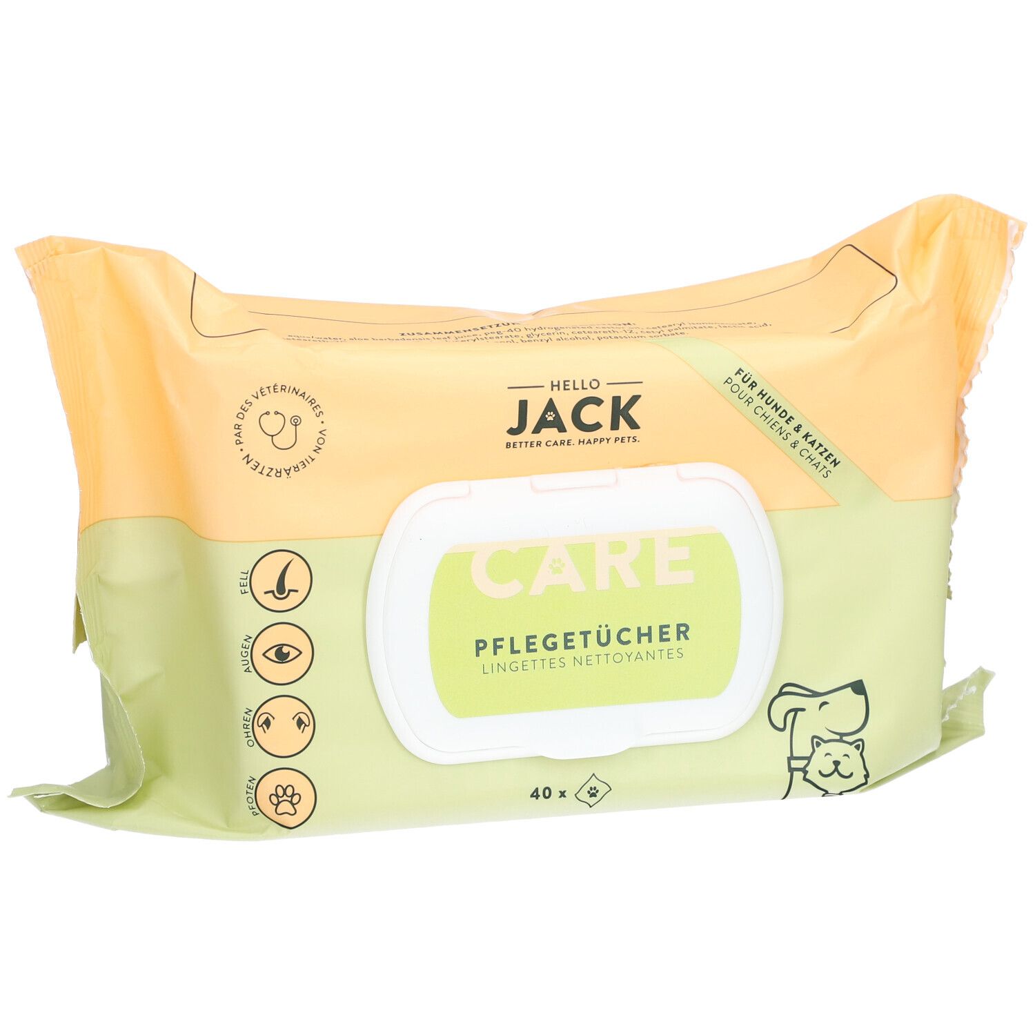 Paquet de lingettes pour chiens et chats. Emballage vert et jaune avec logos et inscriptions. Contient 40 lingettes.