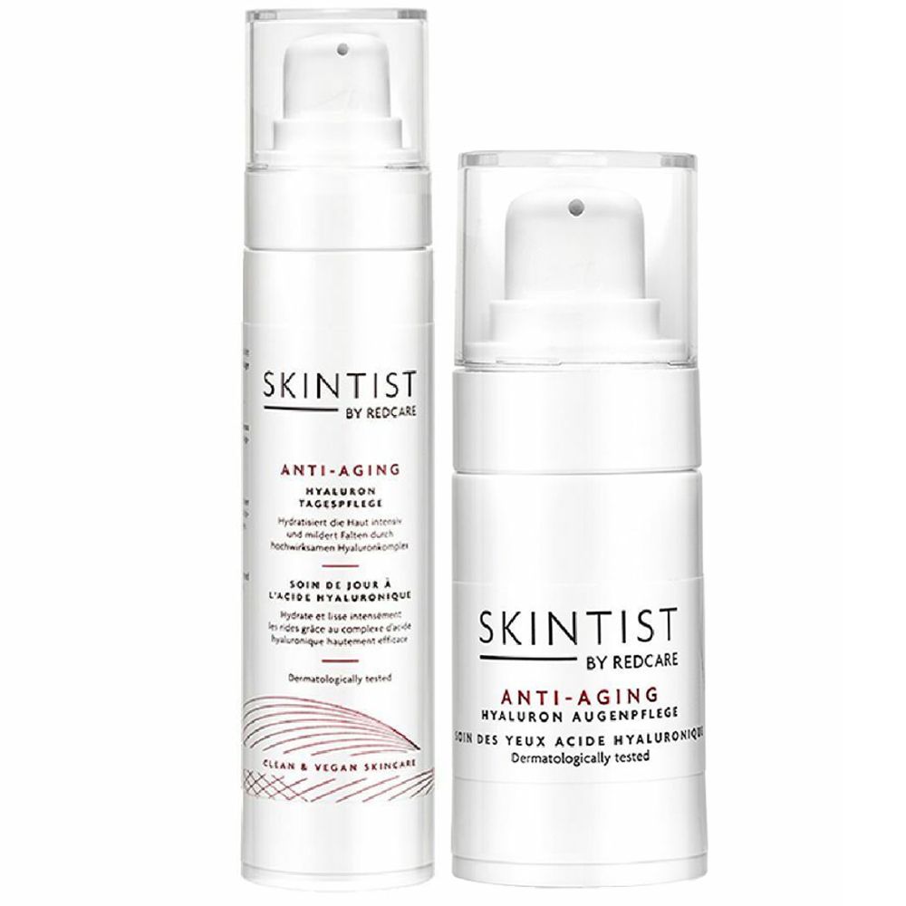 Deux flacons blancs avec pompe. Inscription: SKINTIST, ANTI-AGING, Hyaluron Tagespflege et Augenpflege. Testé dermatologiquement.