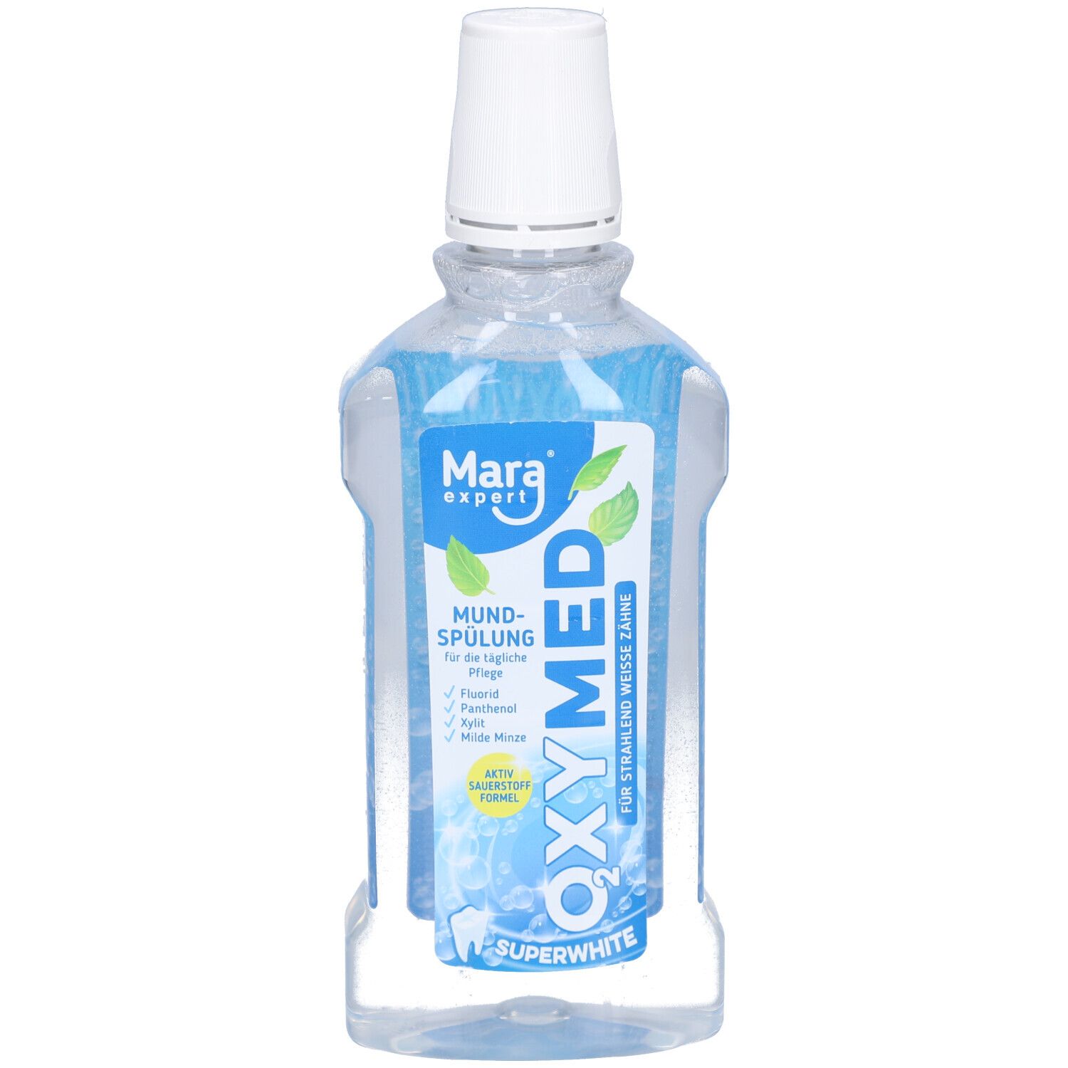 Bain de bouche OXYMED. Bouteille transparente avec liquide bleu. Bouchon blanc. Étiquettes bleues et vertes avec texte. Marque visible : Mara expert.