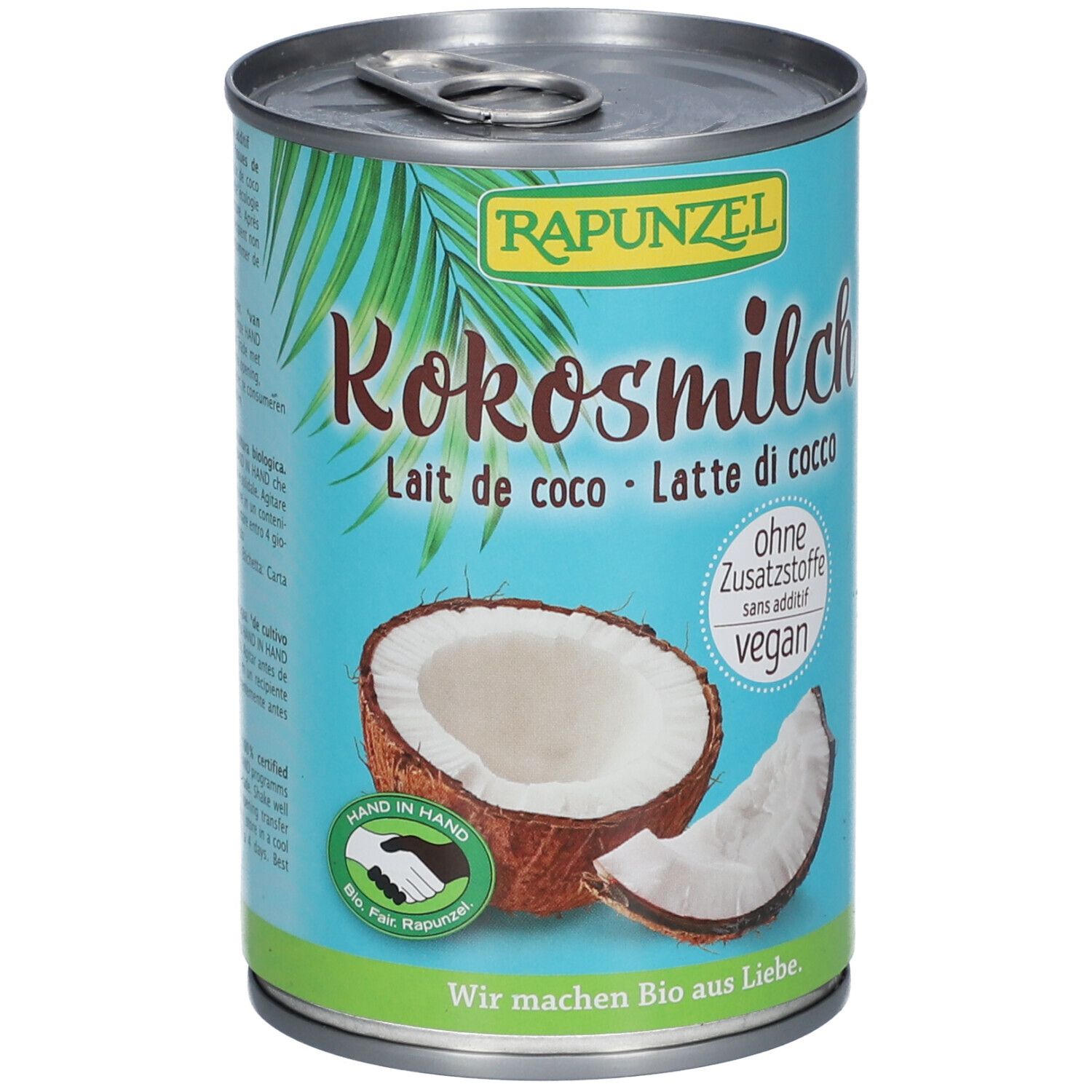 Boîte de lait de coco. Marque RAPUNZEL. Inscription : Kokosmilch, Lait de coco, Latte di cocco. Sans additifs, vegan.