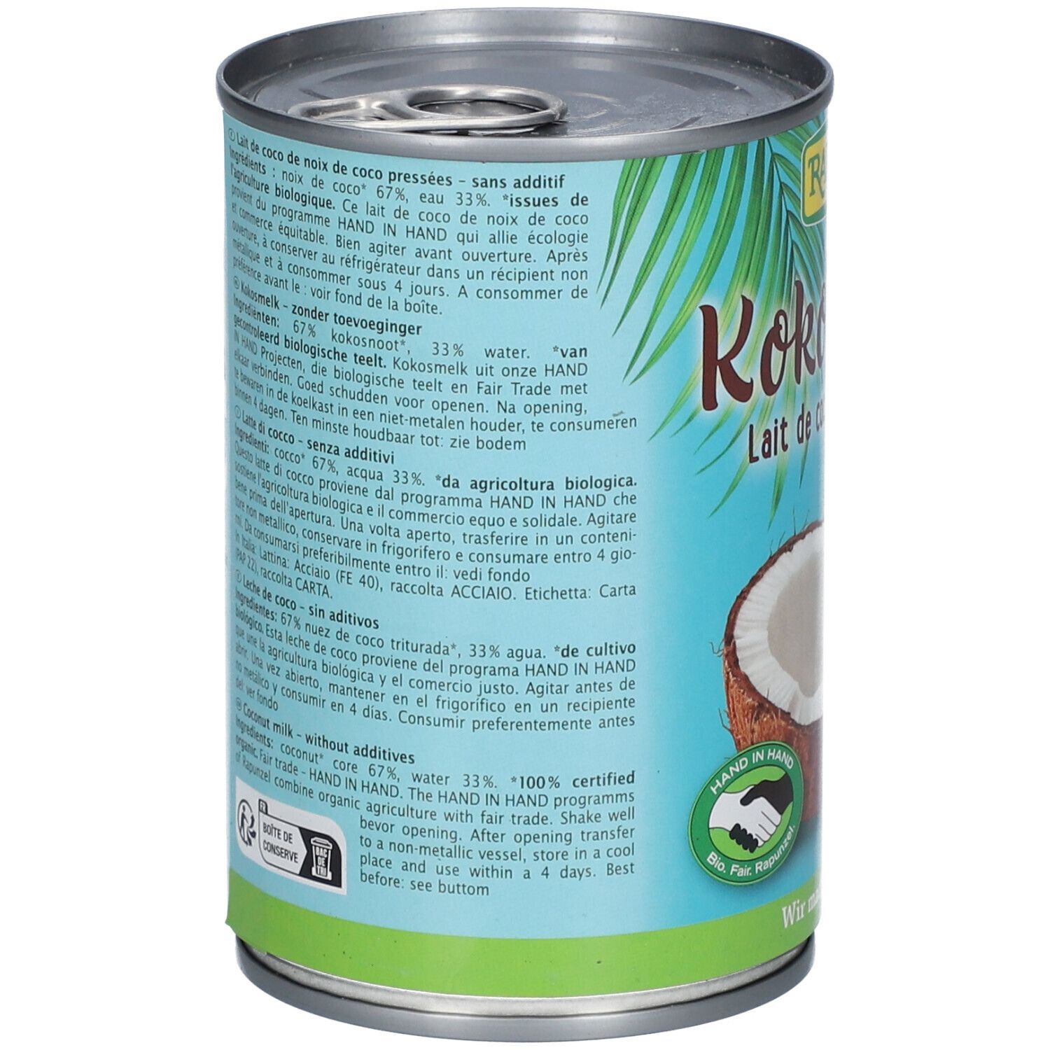 Dos de la boîte de lait de coco. Texte en allemand, français, italien, néerlandais et anglais. Contient des informations.