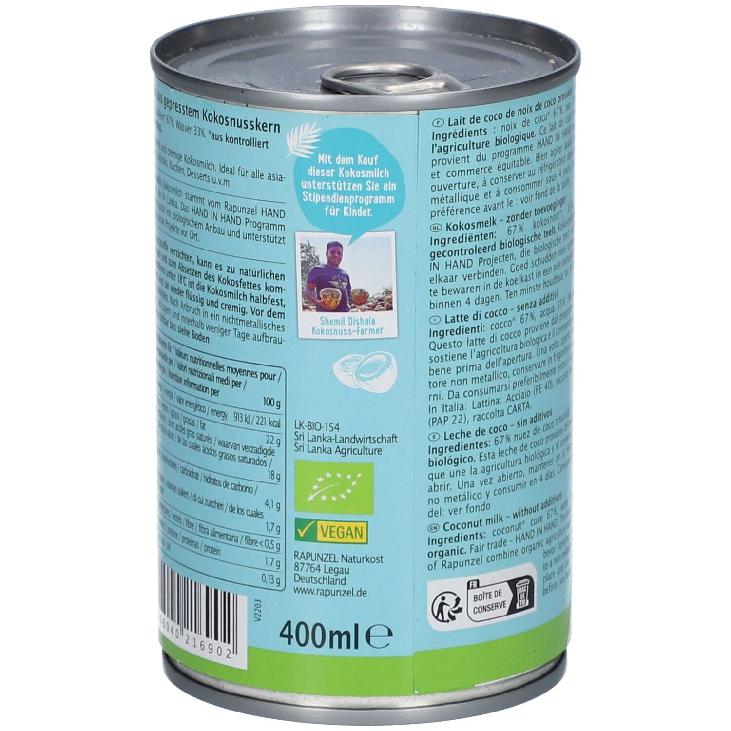 Boîte de lait de coco. Marque RAPUNZEL. Inscription : Kokosmilch, Lait de coco, Latte di cocco. Vegan, 400ml. Label bio.