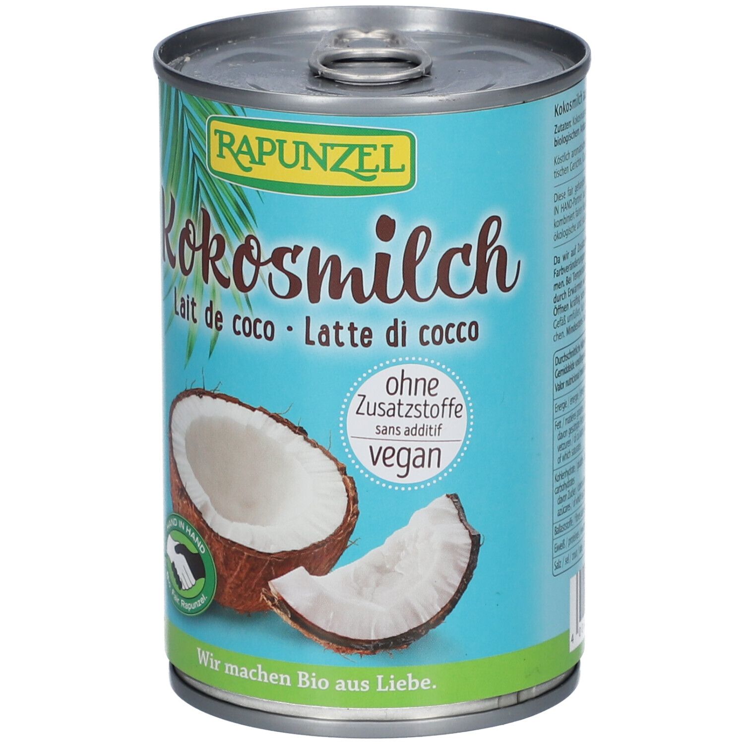 Boîte de lait de coco. Marque RAPUNZEL. Inscription : Kokosmilch, Lait de coco, Latte di cocco. Sans additifs, vegan.