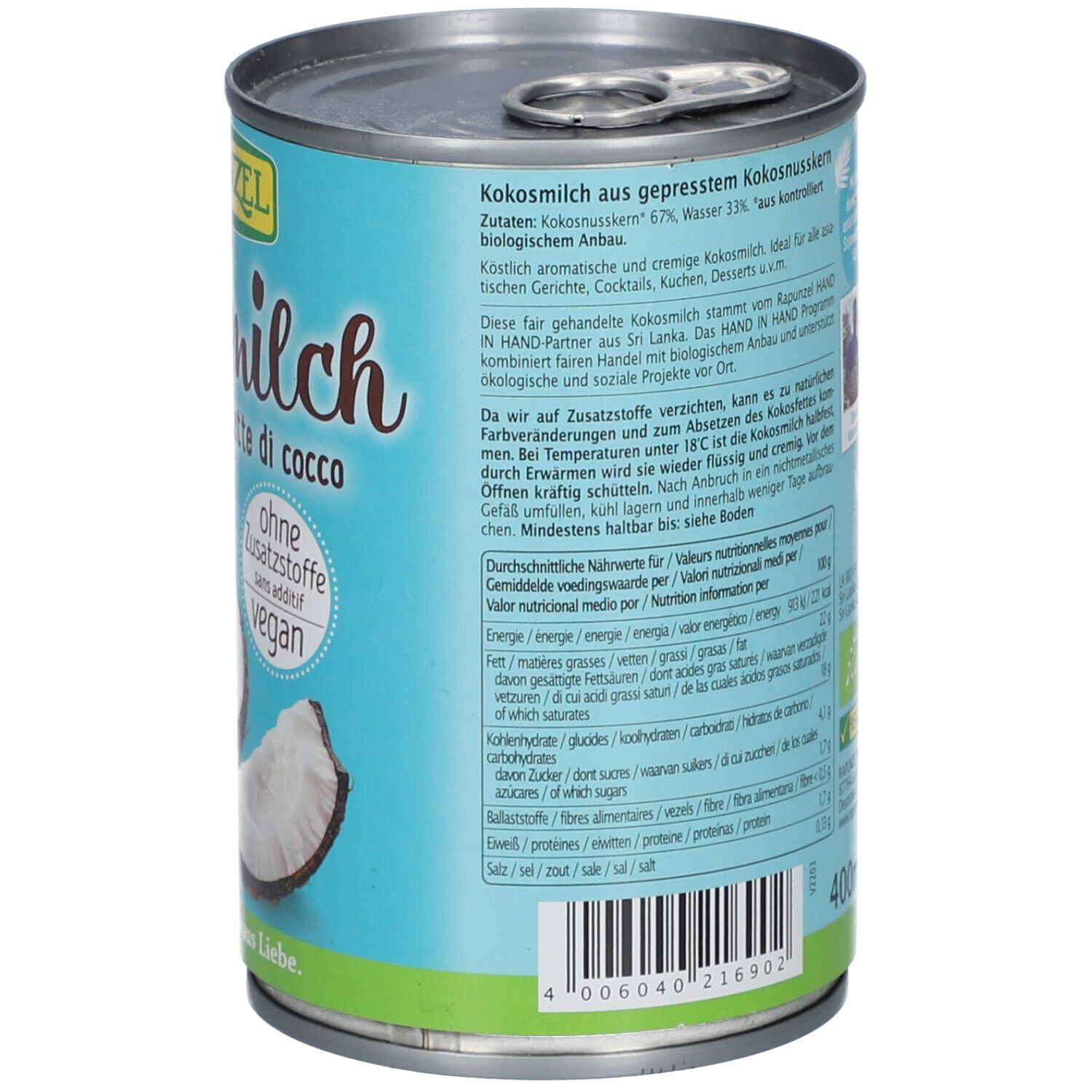 Dos de la boîte de lait de coco. Texte en allemand, français, italien, néerlandais et anglais. Informations nutritionnelles.