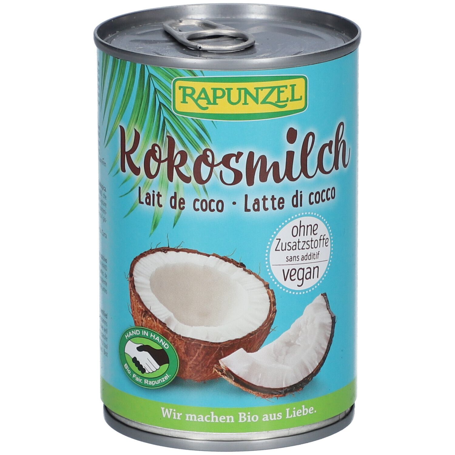 Boîte de lait de coco. Marque RAPUNZEL. Inscription : Kokosmilch, Lait de coco, Latte di cocco. Sans additifs, vegan.