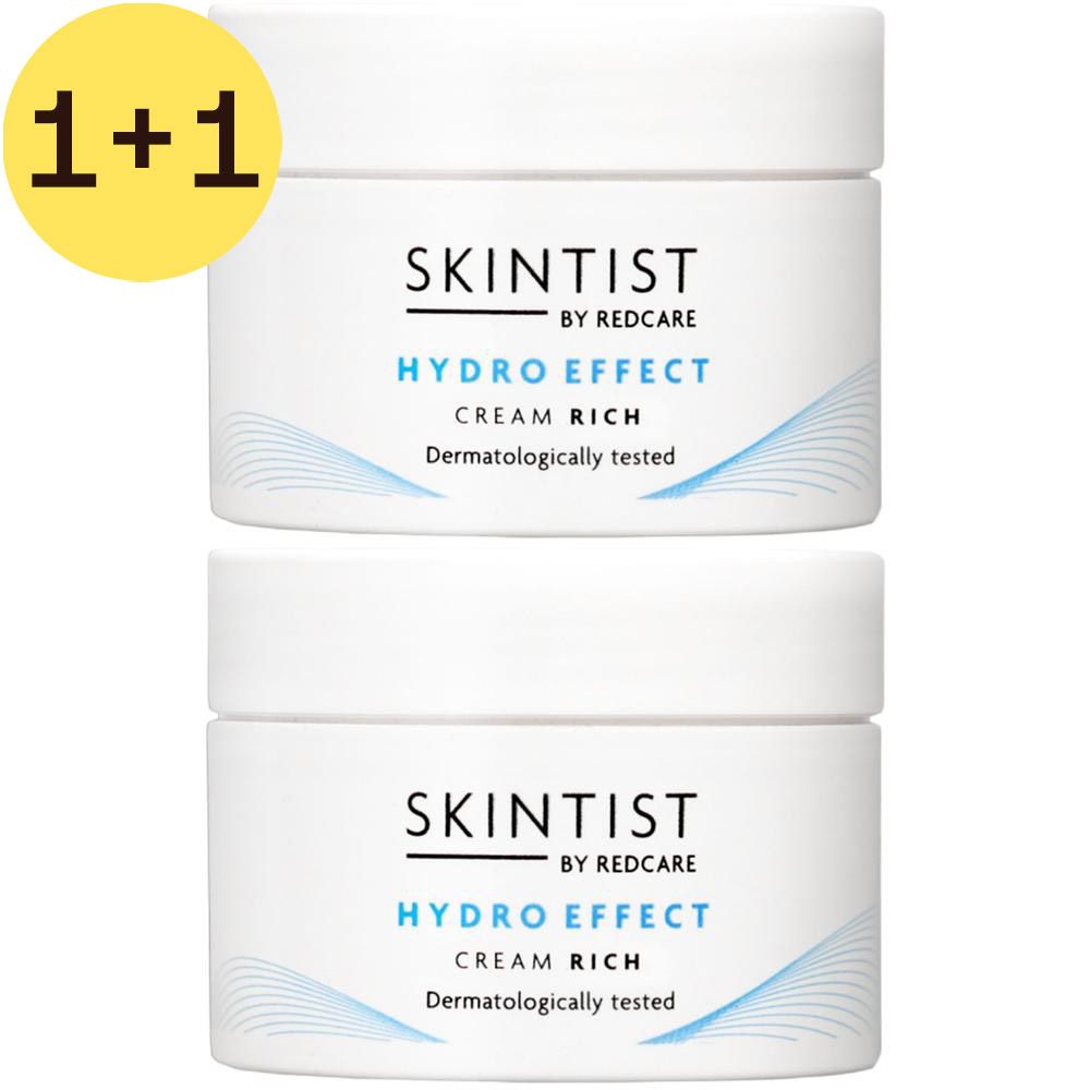 Deux pots blancs SKINTIST HYDRO EFFECT Cream Rich avec autocollant jaune 1+1.