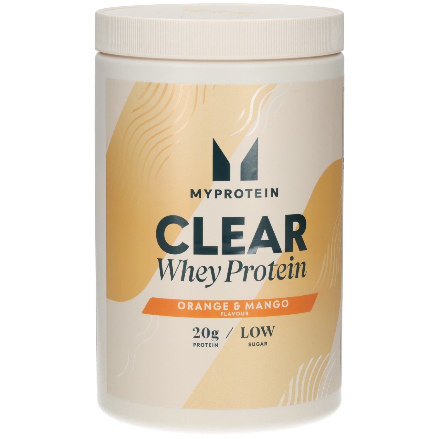 Conteneur blanc avec étiquette bleu-orange. Inscription: Myprotein Clear Whey Isolate Orange Mango.