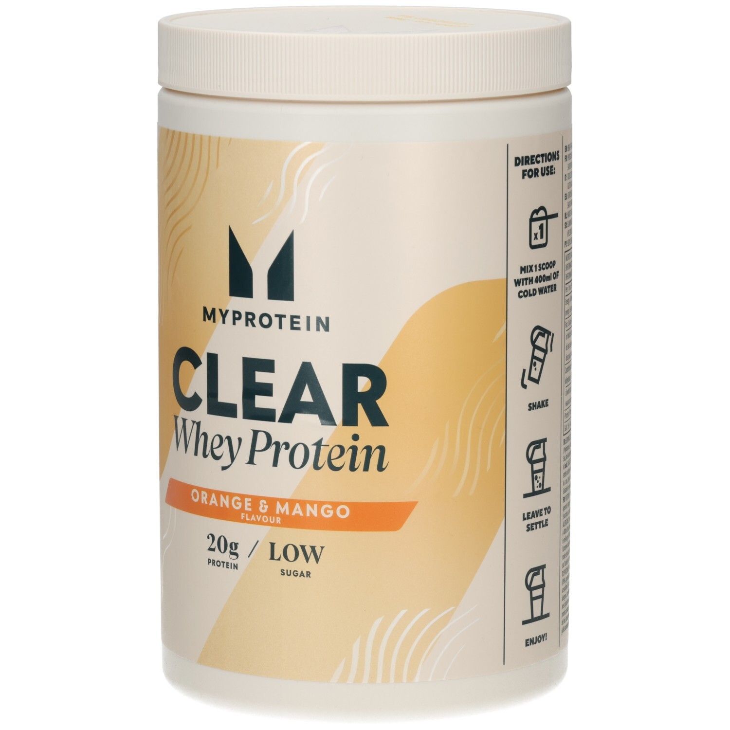 Conteneur blanc avec étiquette bleu-orange. Inscription: Myprotein Clear Whey Isolate Orange Mango. Instructions.
