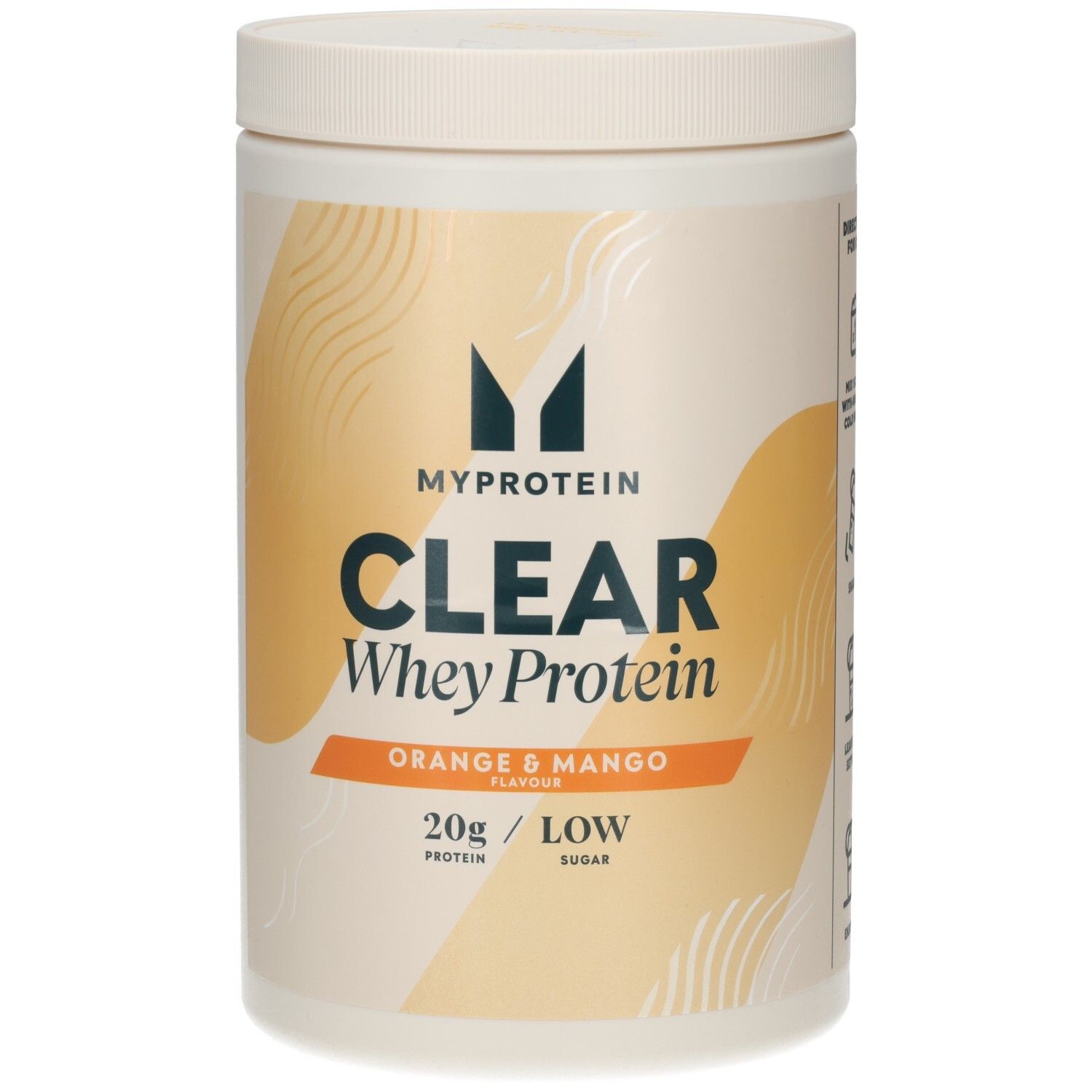 Conteneur blanc avec étiquette bleu-orange. Inscription: Myprotein Clear Whey Isolate Orange Mango.