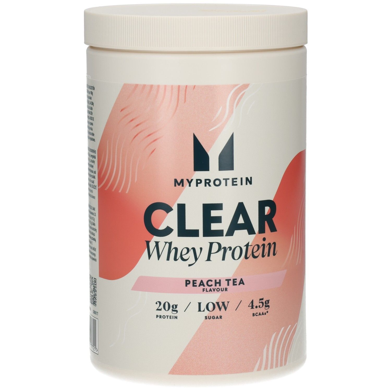 Boîte cylindrique blanche. Inscriptions : MYPROTEIN, CLEAR WHEY ISOLATE, PEACH TEA. 488g, 30 portions.