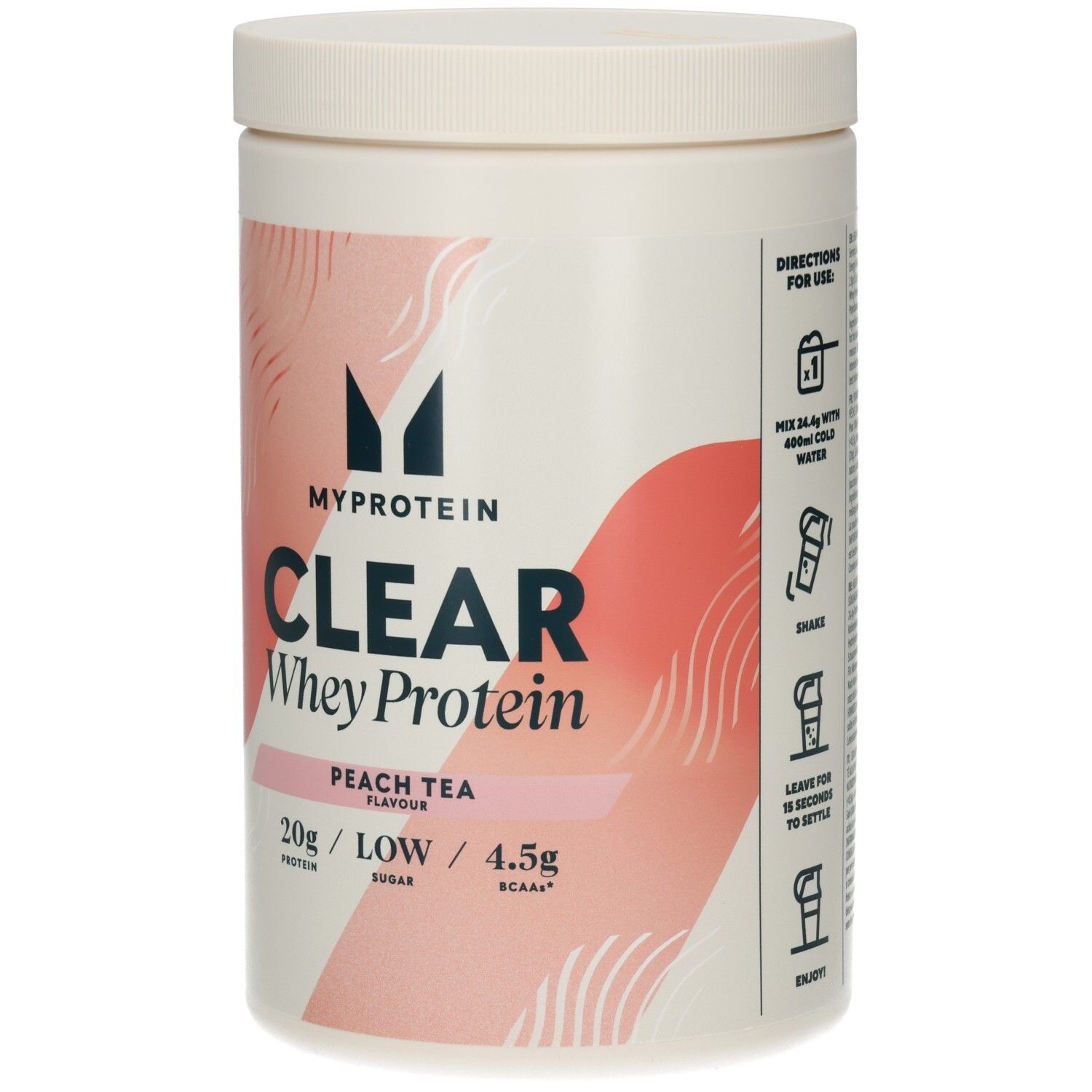 Boîte cylindrique blanche. Inscriptions : MYPROTEIN, CLEAR WHEY ISOLATE, PEACH TEA. 488g, 30 portions. Instructions.