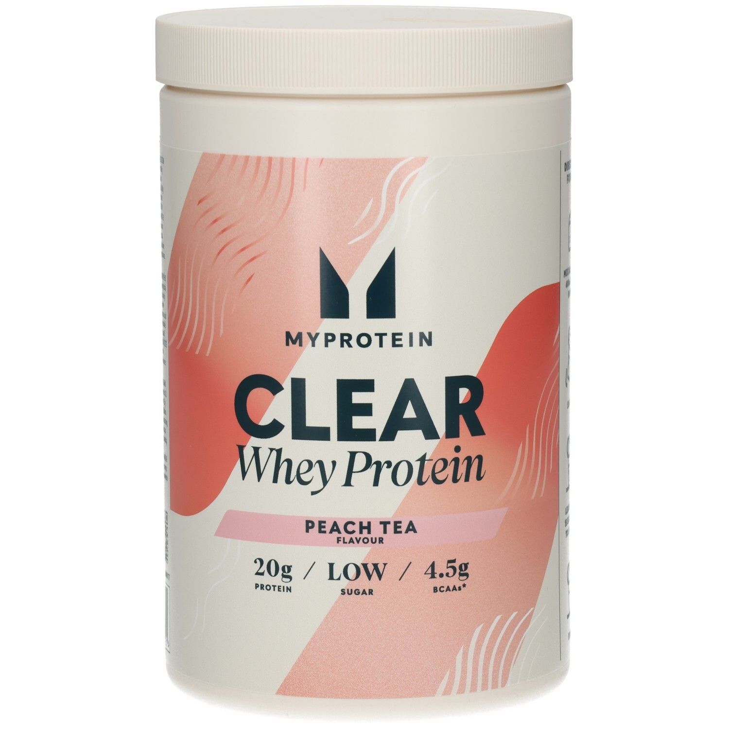 Boîte cylindrique blanche. Inscriptions : MYPROTEIN, CLEAR WHEY ISOLATE, PEACH TEA. 488g, 30 portions.