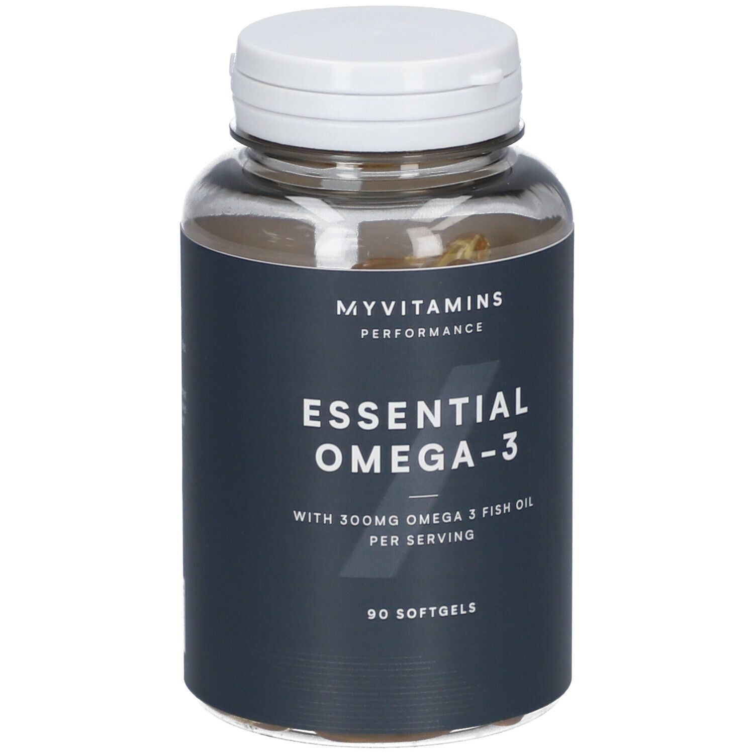 Flacon transparent avec capsules et bouchon blanc. L'étiquette indique "Essential Omega-3" et "90 Softgels".