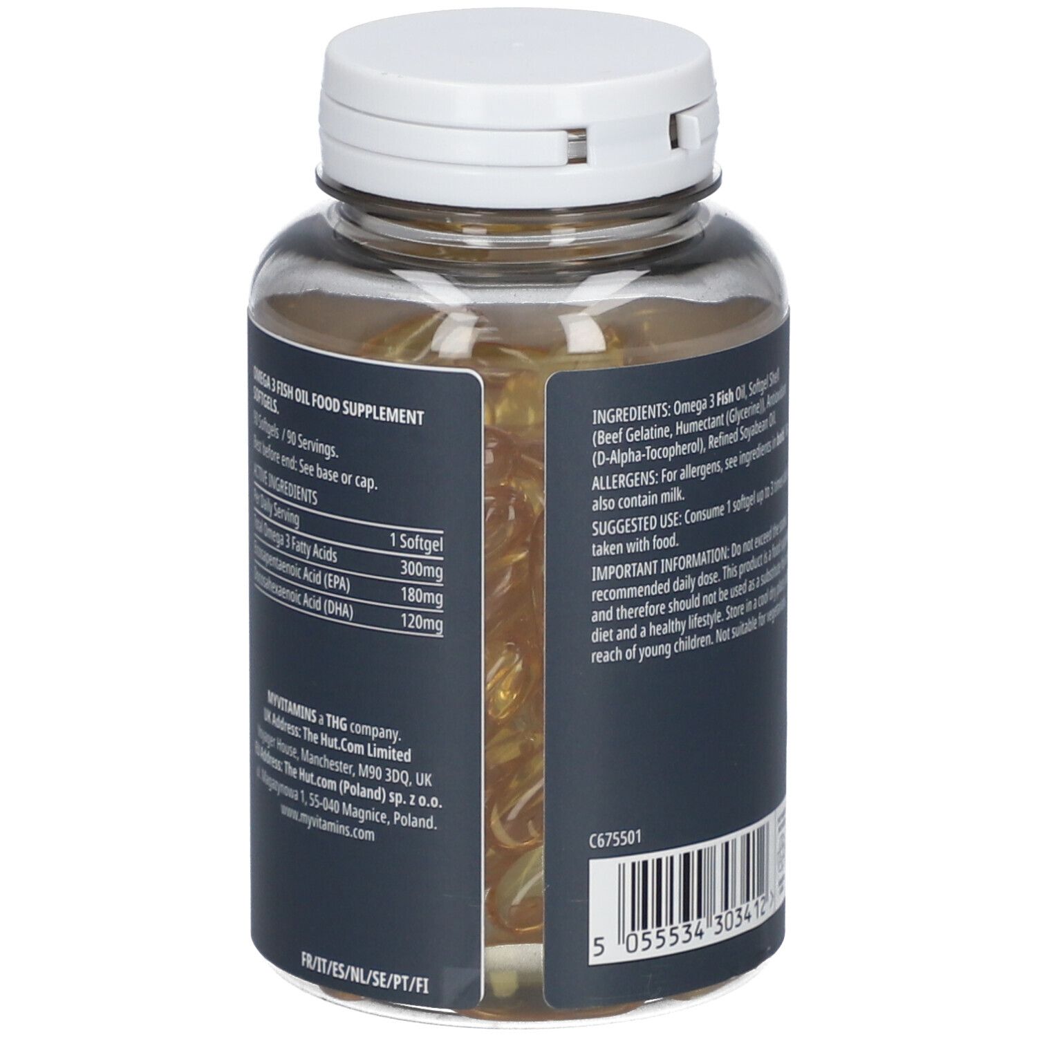 Vue arrière du flacon. L'étiquette détaille les ingrédients et les informations nutritionnelles. Code-barres et symbole de recyclage.