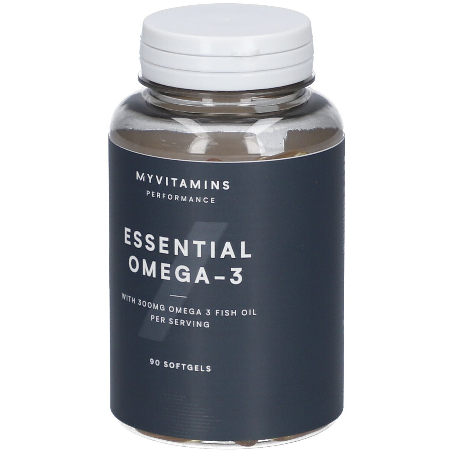 Flacon transparent avec capsules et bouchon blanc. L'étiquette indique "Essential Omega-3" et "90 Softgels".