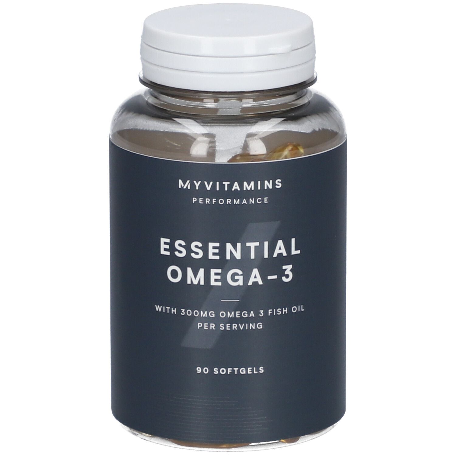 Flacon transparent avec capsules et bouchon blanc. L'étiquette indique "Essential Omega-3" et "90 Softgels".