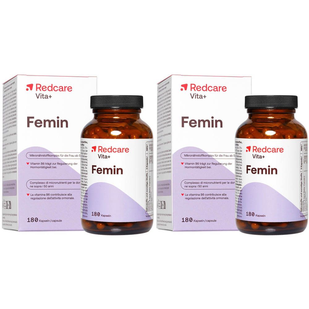 Deux boîtes Redcare Vita+ Femin. Boîtes blanches avec nom et logo du produit.