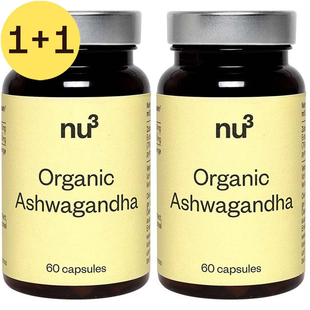 Deux flacons en verre brun avec étiquettes jaunes. Inscription : nu3 Organic Ashwagandha, 60 gélules.