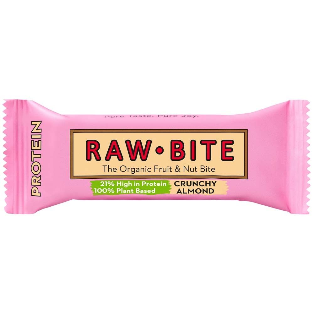 Barre emballée rose avec RAW BITE. Contient 21% de protéines, 100% végétale, saveur Crunchy Almond.