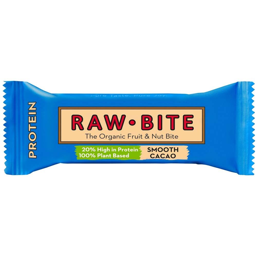 Barre bleue avec logo "RAW BITE". Texte : "The Organic Fruit & Nut Bite", "20% High in Protein", "Smooth Cacao".