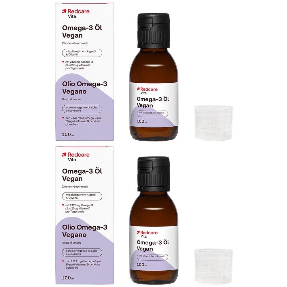 Deux flacons d'huile Redcare Vita Oméga-3 Vegan (100ml) et deux boîtes.