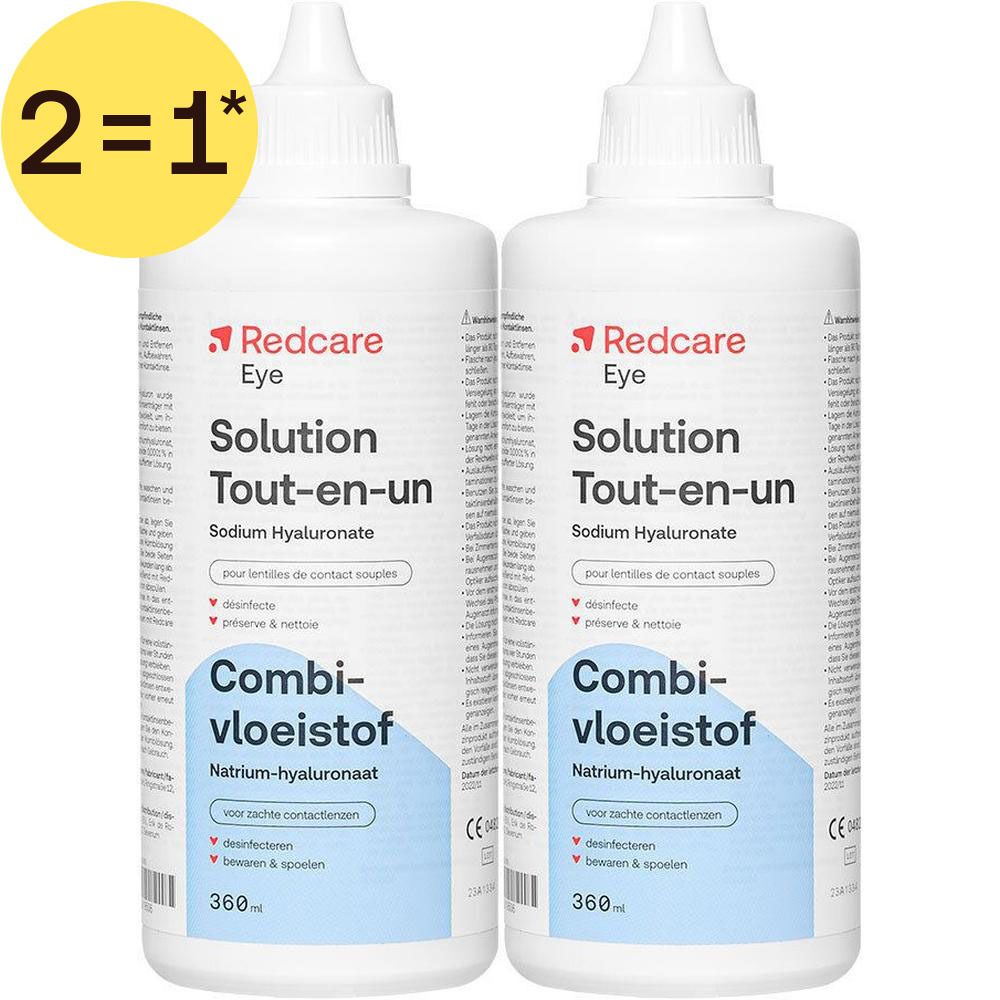 Deux flacons de solution combinée Redcare Eye Hyaluron, 360ml chacun.