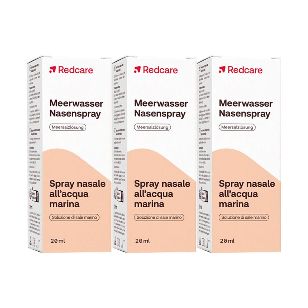Trois boîtes de Redcare Meerwasser Nasenspray. Boîtes blanches avec nom et logo du produit.