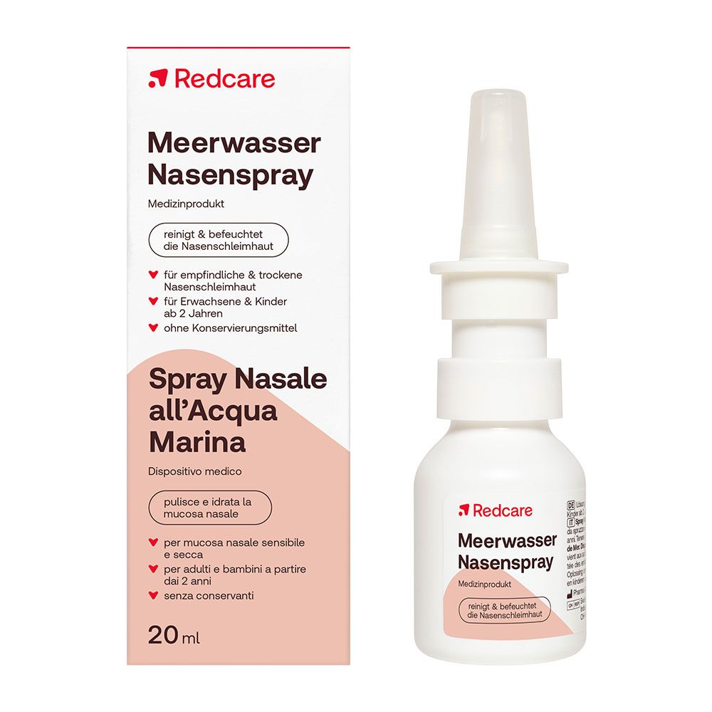 Flacon et emballage de spray nasal à l'eau de mer Redcare, 20ml.