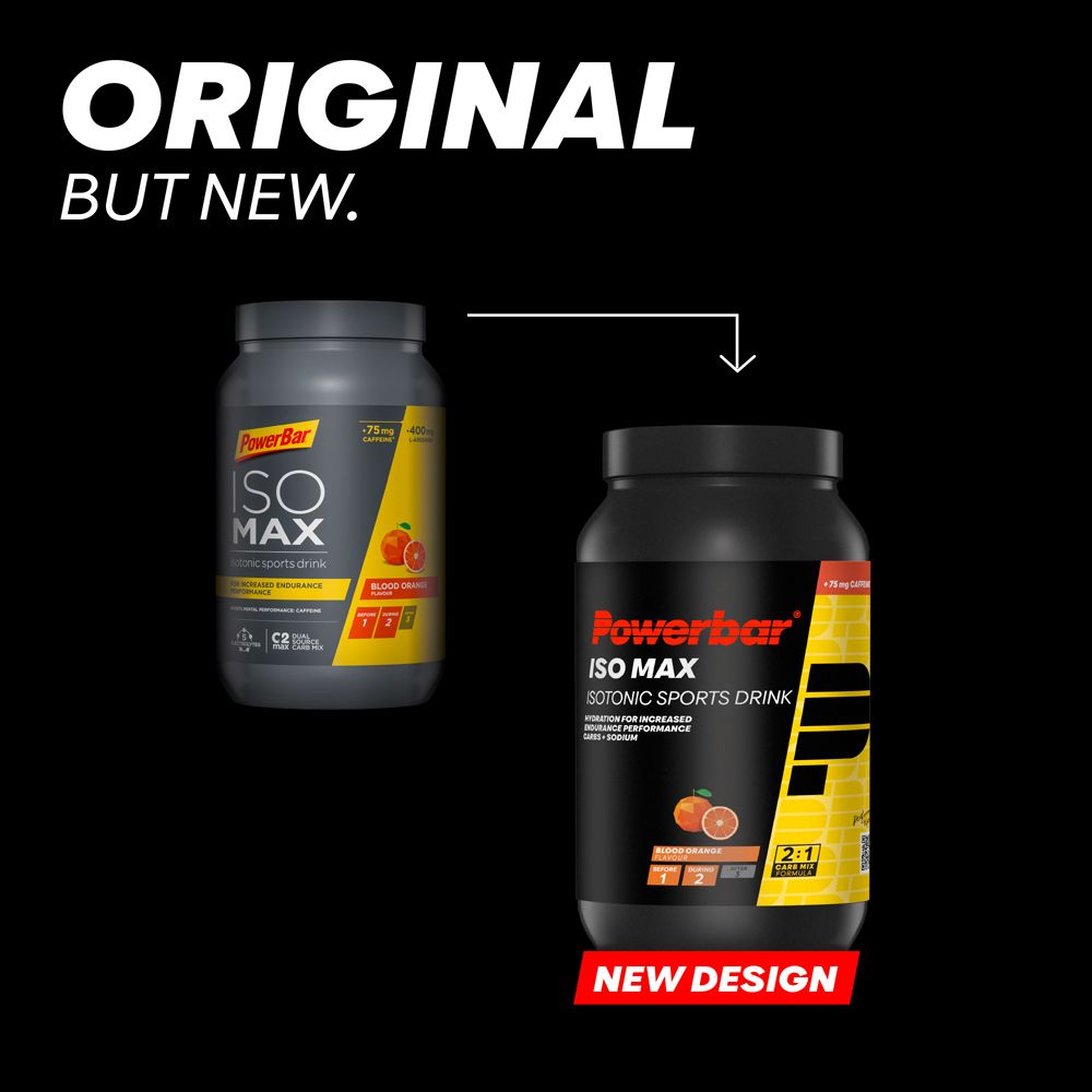 Comparaison : PowerBar ISO MAX, ancien design à gauche, nouveau design à droite. Fond noir.
