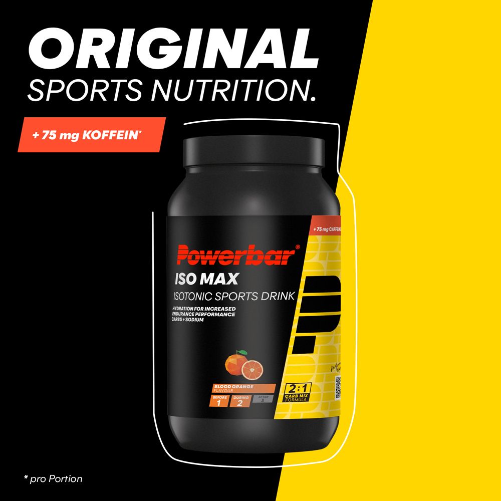 PowerBar ISO MAX, boisson isotonique pour sportifs. Fond noir avec accent jaune.