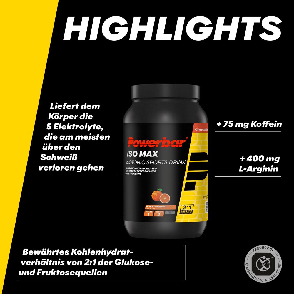 PowerBar ISO MAX, boisson isotonique. Contient 5 électrolytes, 75mg caféine, 400mg L-Arginine.