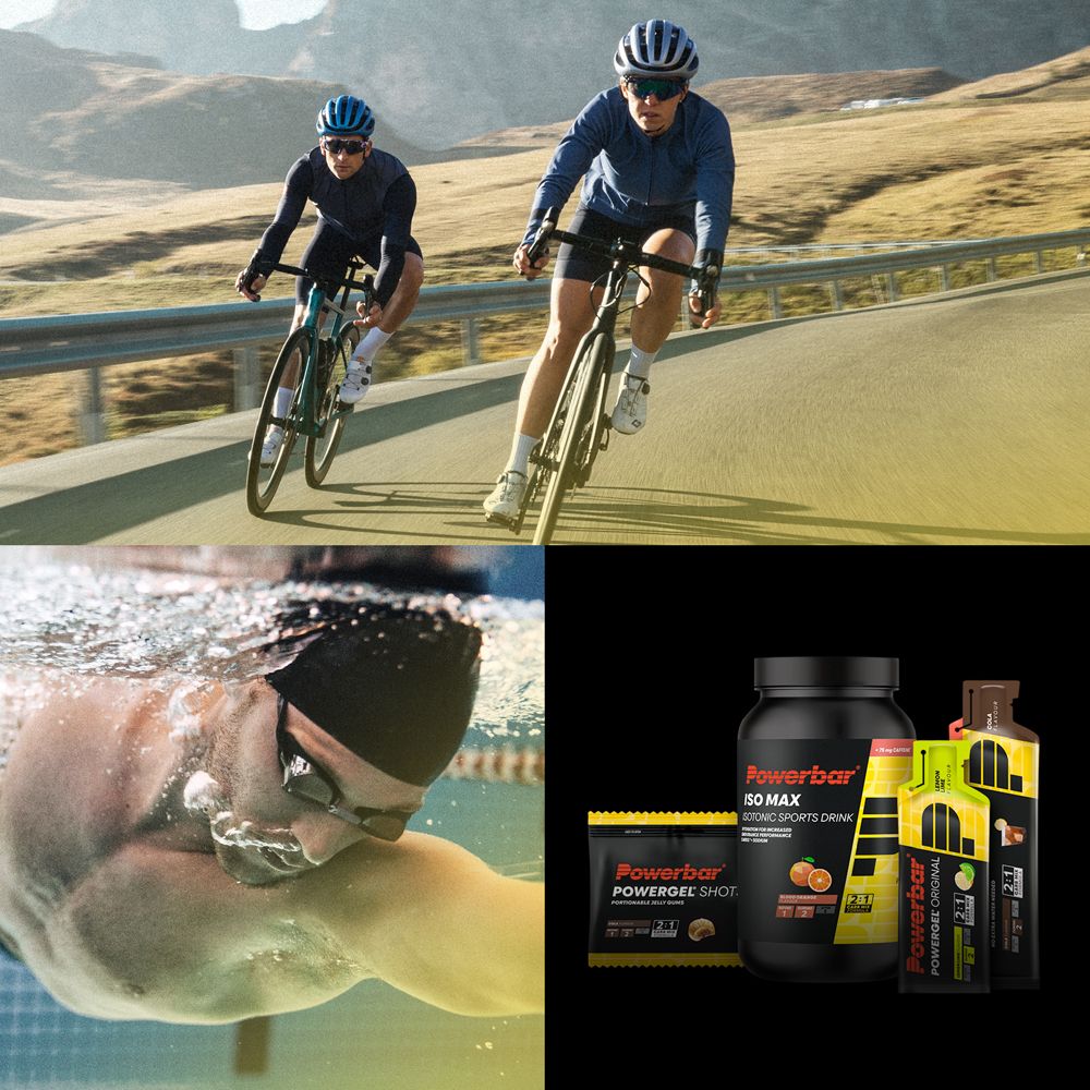 Cyclistes, nageur. Produits : PowerBar ISO MAX, PowerBar PowerGel, barres PowerBar.