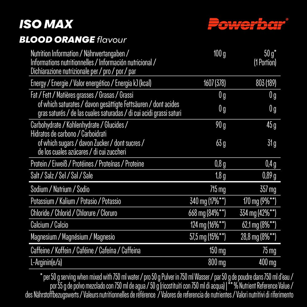 Tableau nutritionnel PowerBar ISO MAX, orange sanguine. Énergie, graisses, glucides, protéines, sel, caféine.