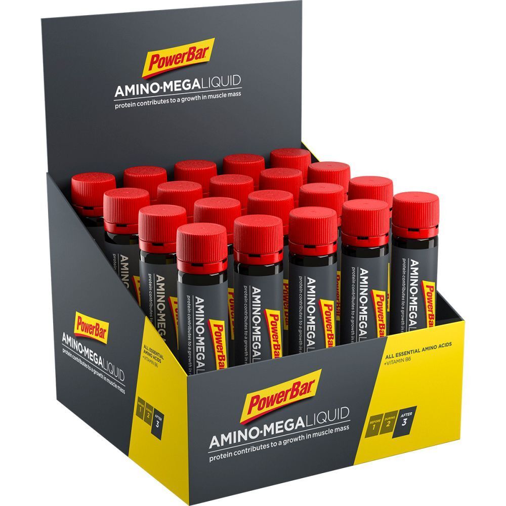Présentoir PowerBar Amino Mega Liquid. Bouteilles à bouchon rouge. Emballage noir et jaune.