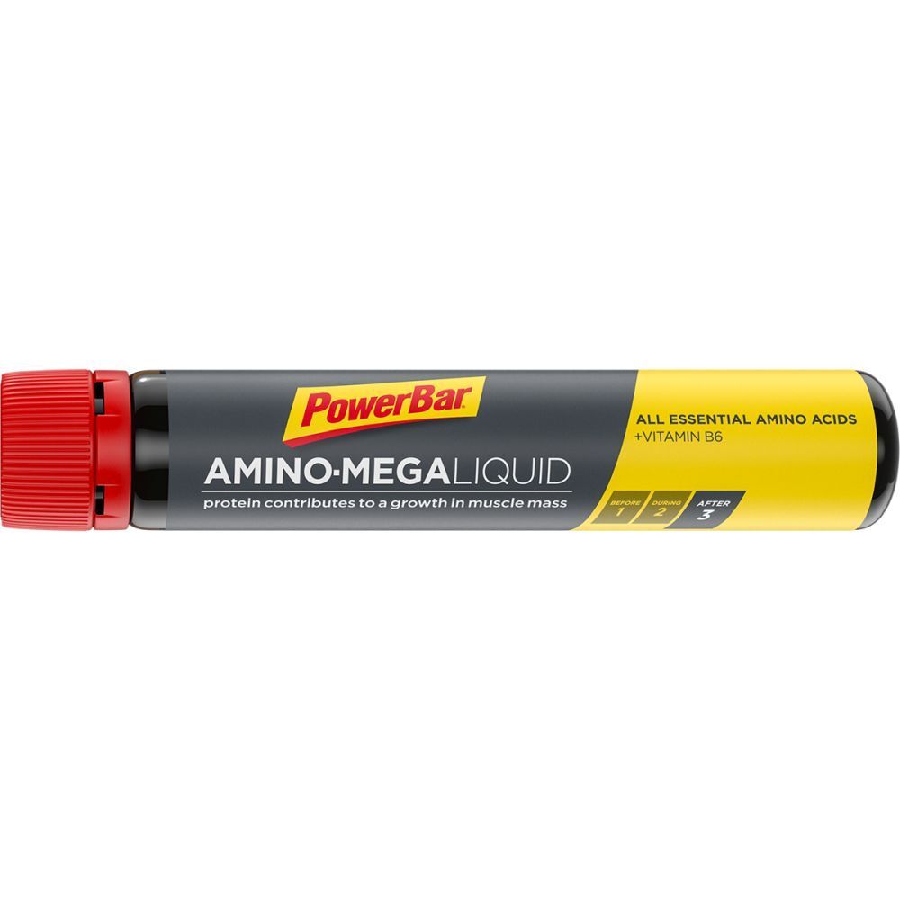 PowerBar Amino Mega Liquid. Bouteille noire, bouchon rouge. Zone jaune avec texte. Contient de la vitamine B6.
