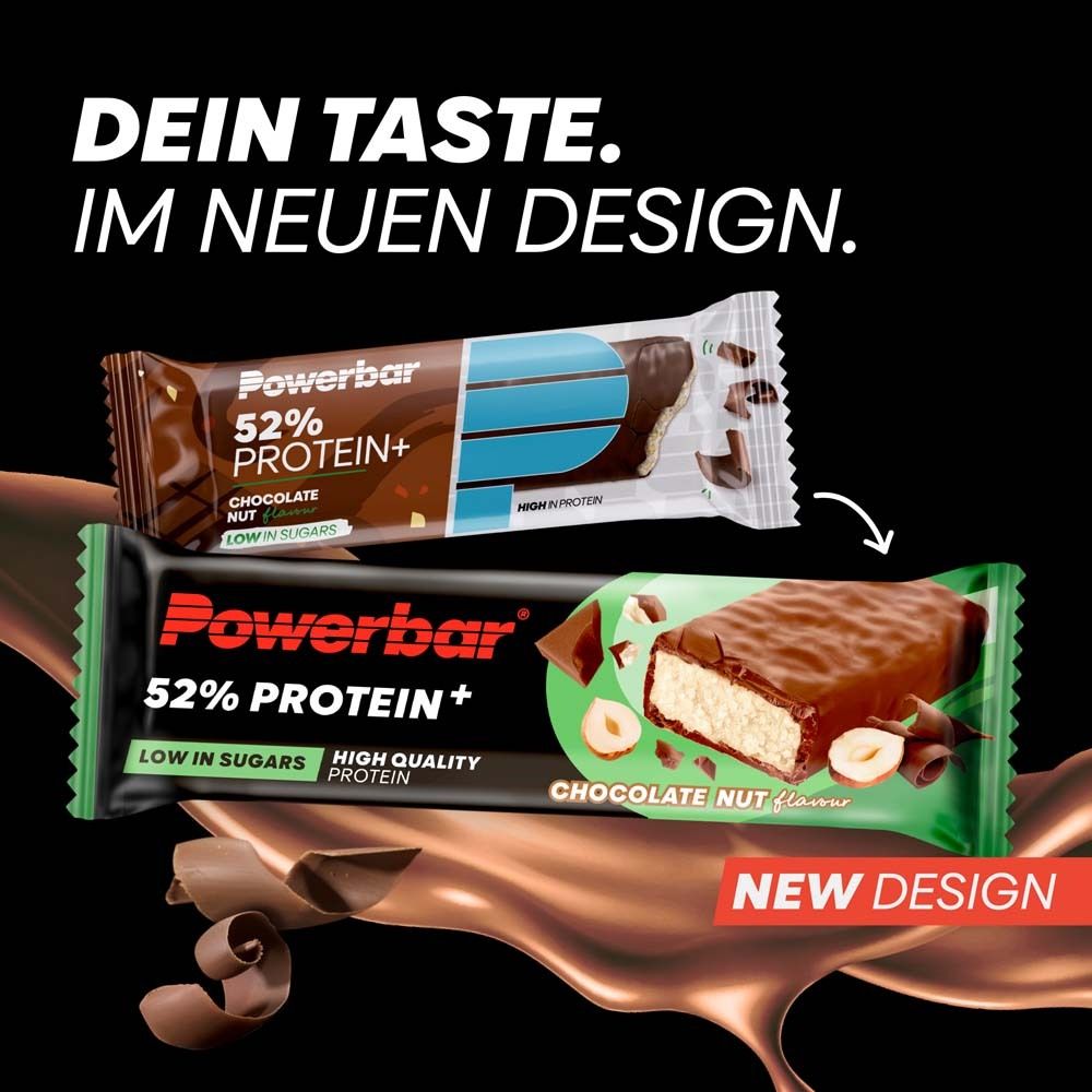 Deux barres protéinées PowerBar 52%. En haut: fond blanc. En bas: design chocolat. Texte: Votre goût. Nouveau design.