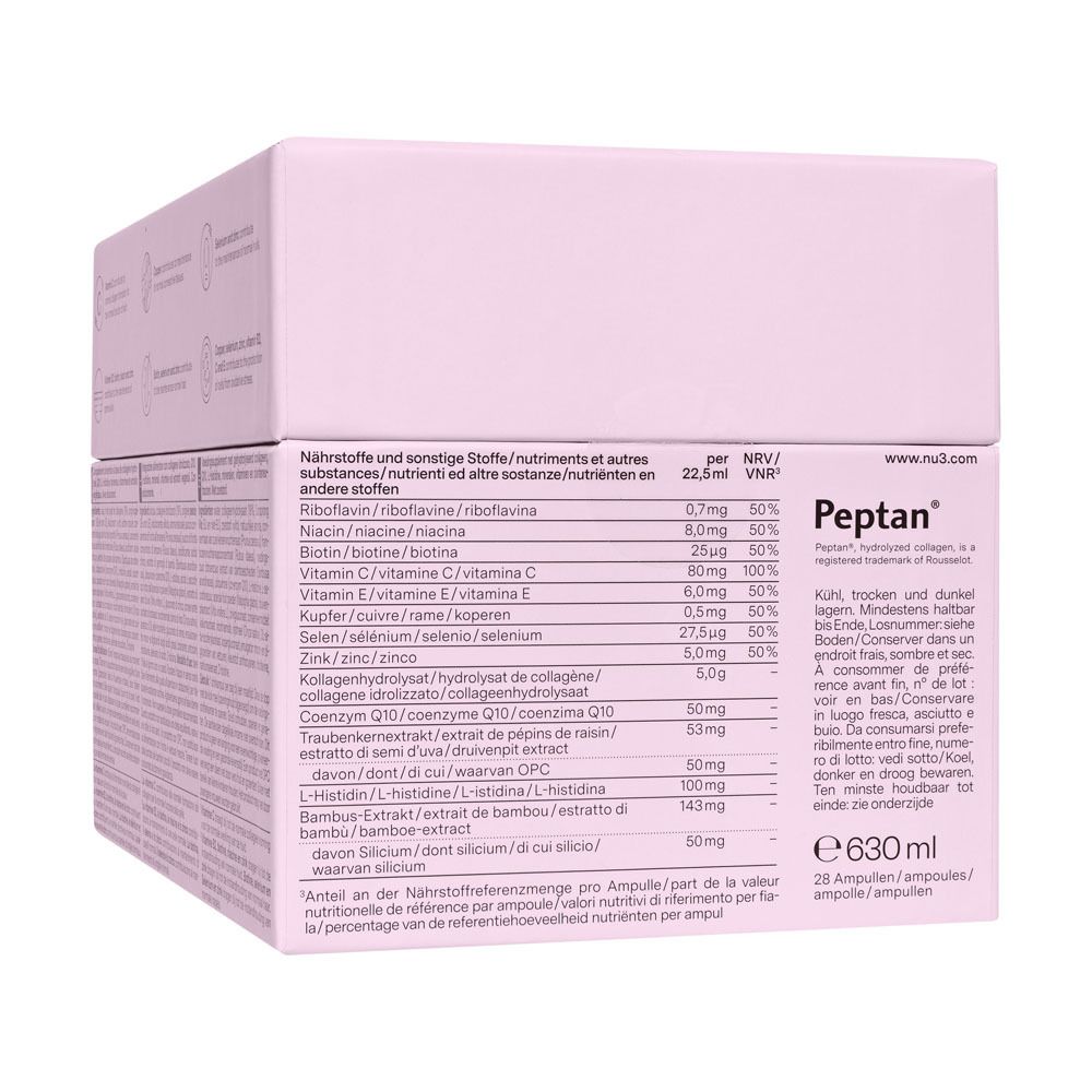 Ampoule avec bouchon blanc. Inscription : "nu3 Collagen Beauty Elixir".