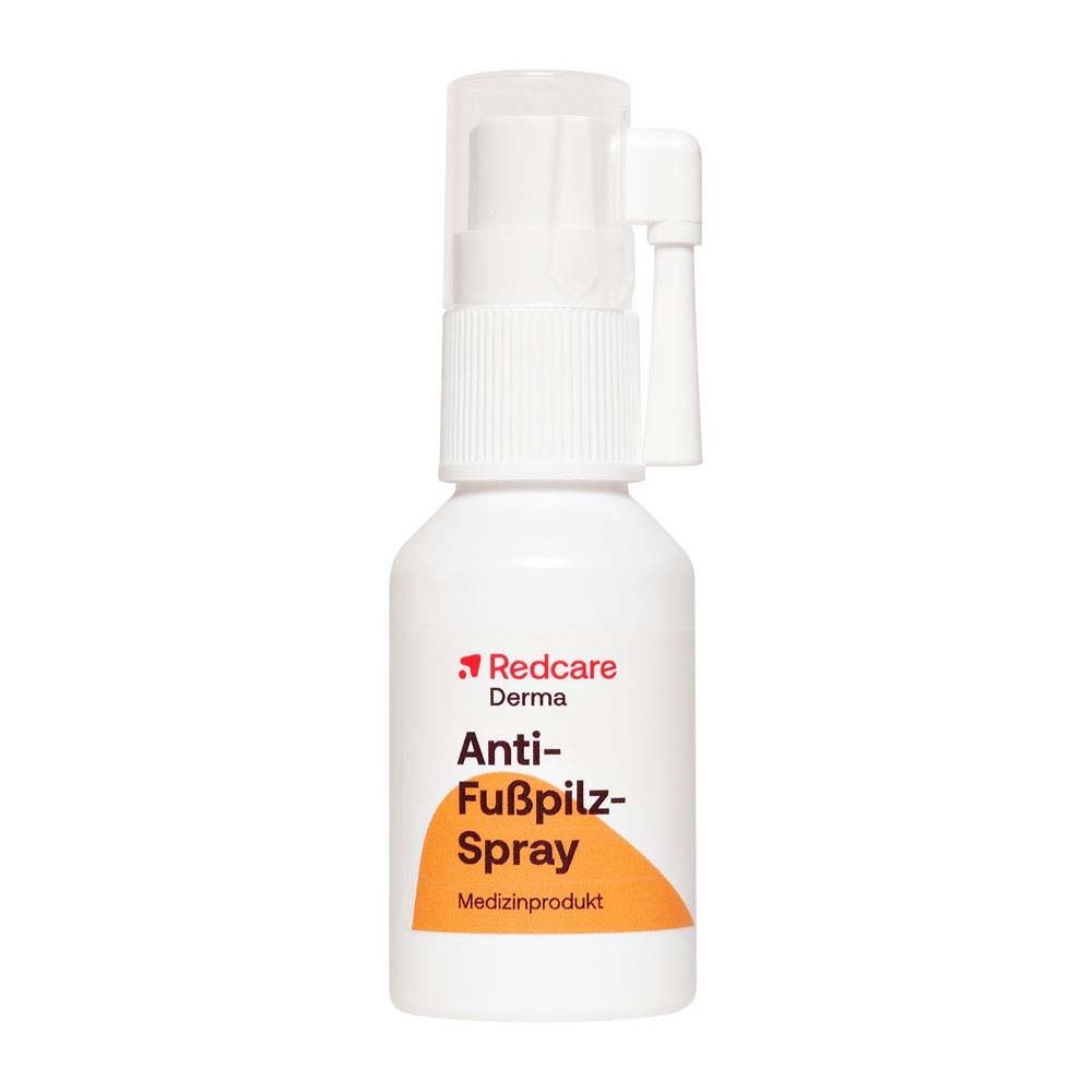 Un flacon blanc de Redcare Derma Anti-Fußpilz-Spray avec vaporisateur. Zone orange avec informations sur le produit.