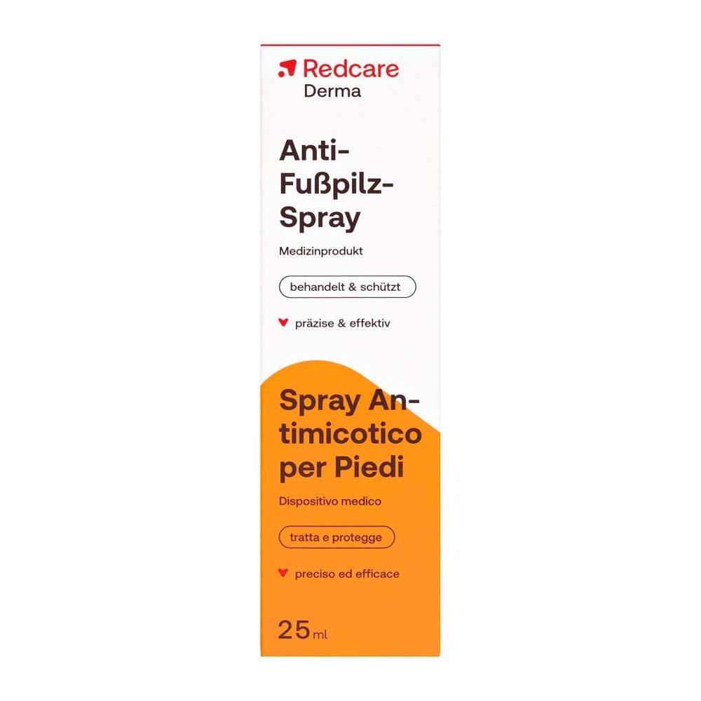 Une boîte de Redcare Derma Anti-Fußpilz-Spray. Nom du produit, logos et informations visibles. 25 ml.