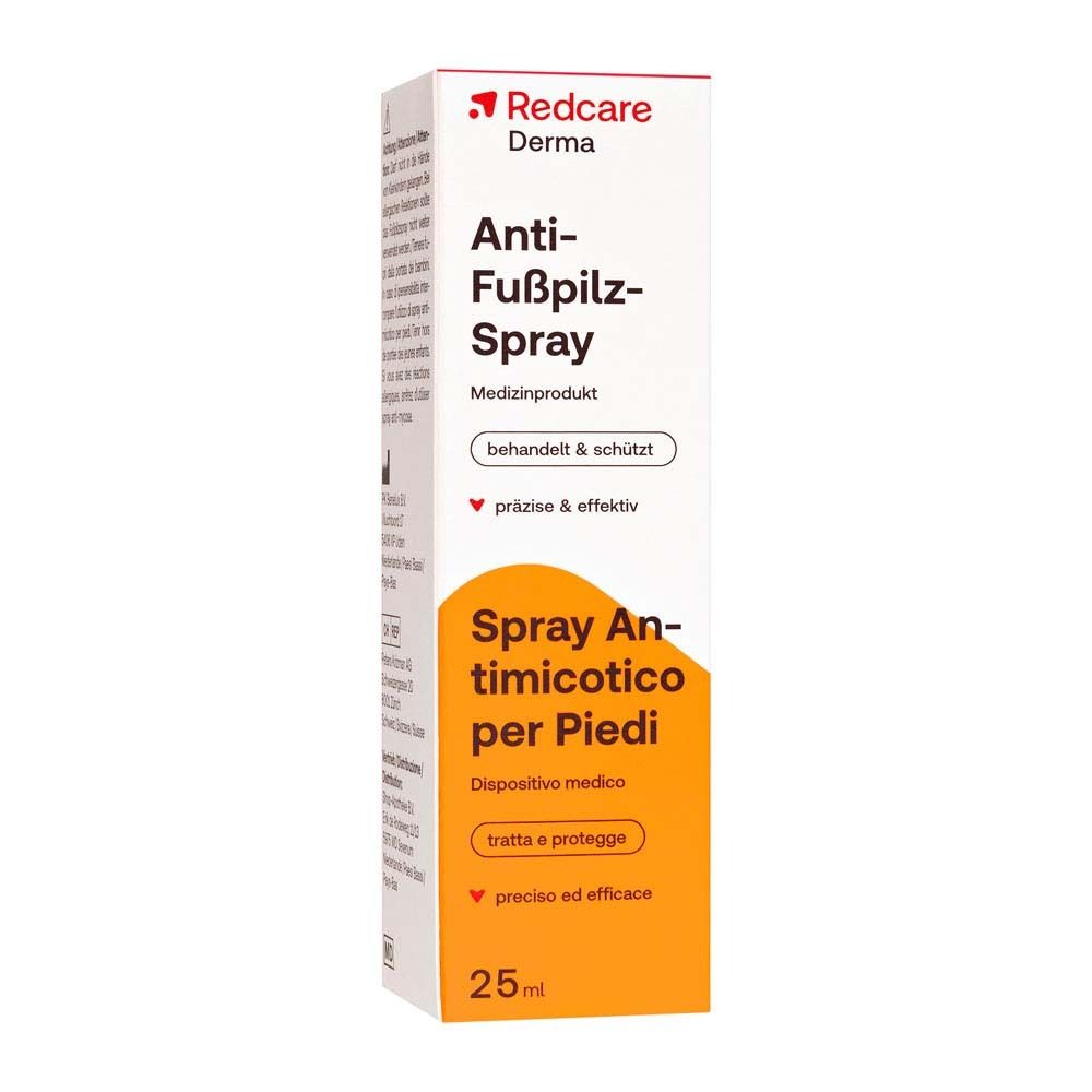 Une boîte de Redcare Derma Anti-Fußpilz-Spray. Nom du produit, logos et informations visibles. 25 ml.