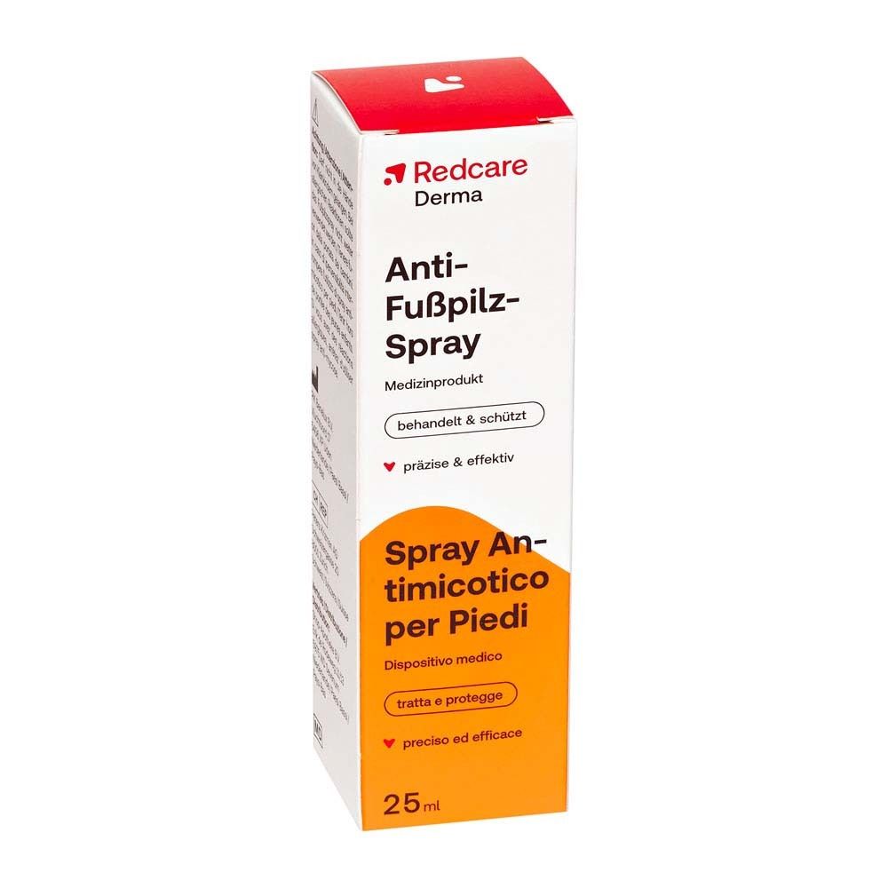 Une boîte de Redcare Derma Anti-Fußpilz-Spray. Nom du produit, logos et informations visibles. 25 ml.