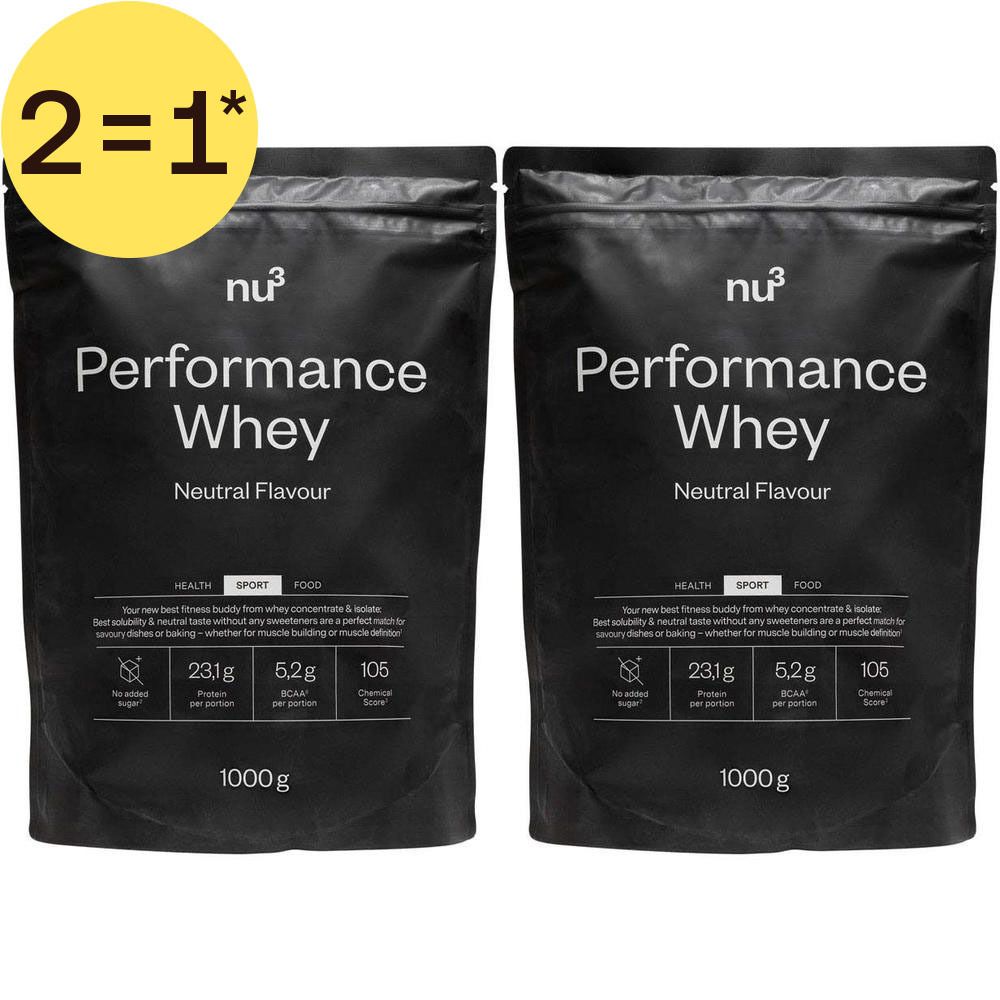 Deux sachets de nu3 Performance Whey Neutral de 1000g chacun.