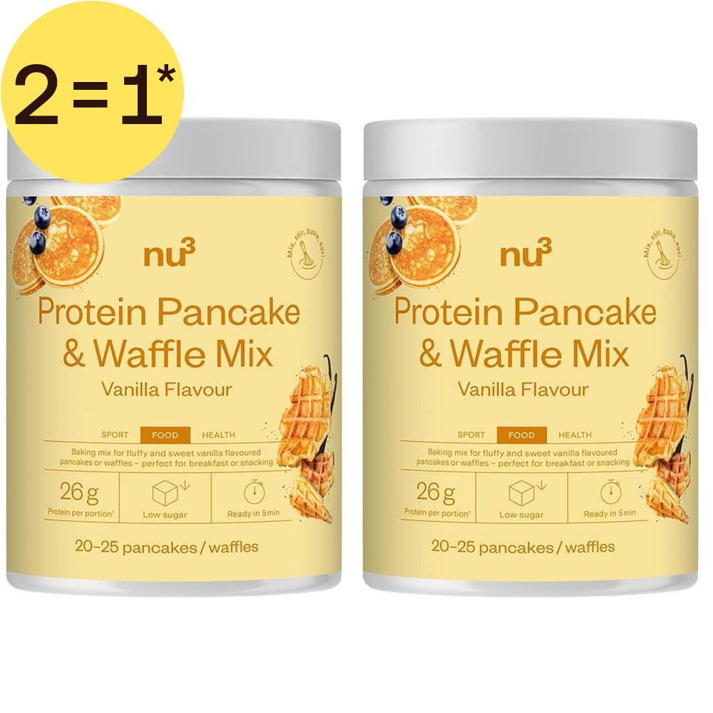 Deux pots de nu3 Protein Pancake & Waffle Mix saveur vanille avec offre "2=1".