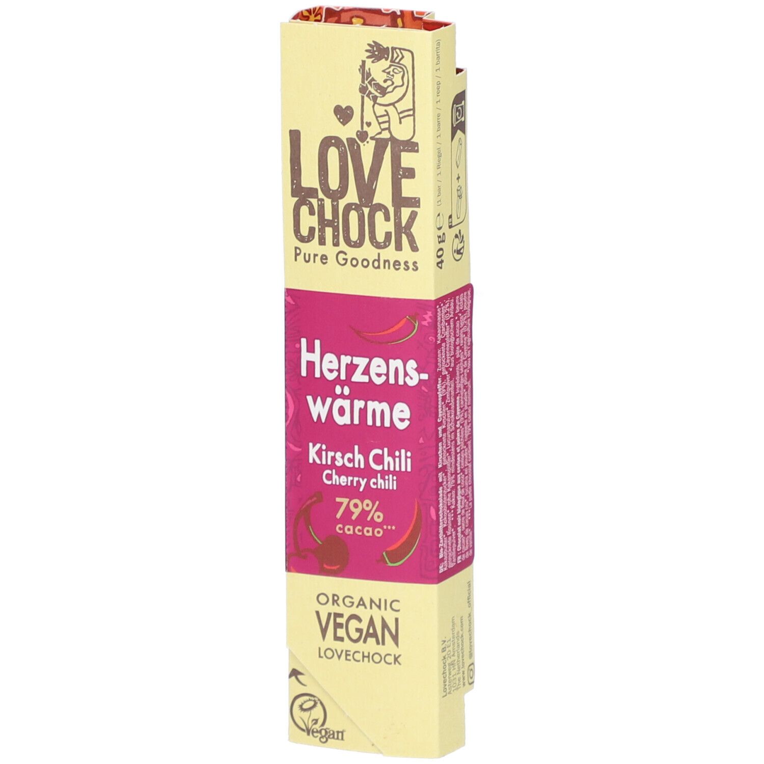 Emballage Lovechock Herzenswärme. Jaune-rose, texte: Herzenswärme, Kirsch Chili, 79% Cacao, Organic Vegan.
